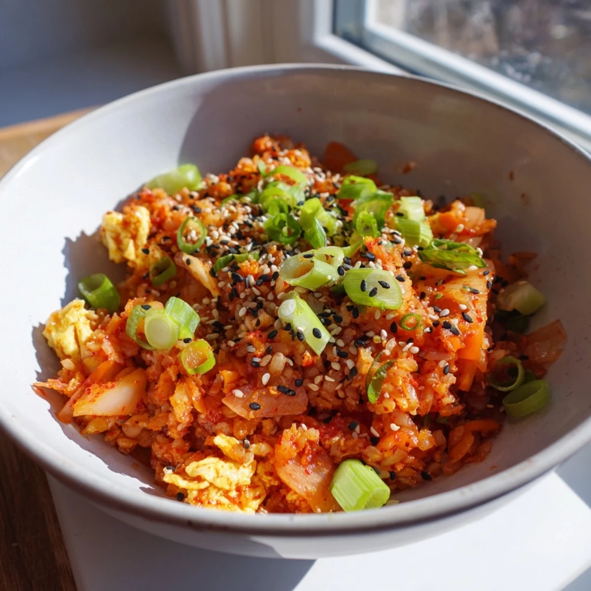Platter of Spicy Kimchi Fried Rice topped with toasted sesame seeds, fresh scallions, and roasted seaweed strips served with chopsticks.