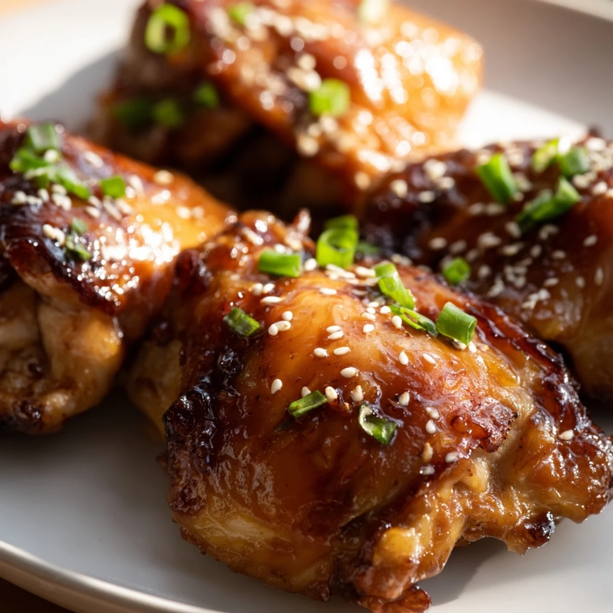 Golden-brown Honey Garlic Glazed Chicken thighs rest on a platter, garnished with fresh green onions and sesame seeds, showcasing a sticky, caramelized glaze.