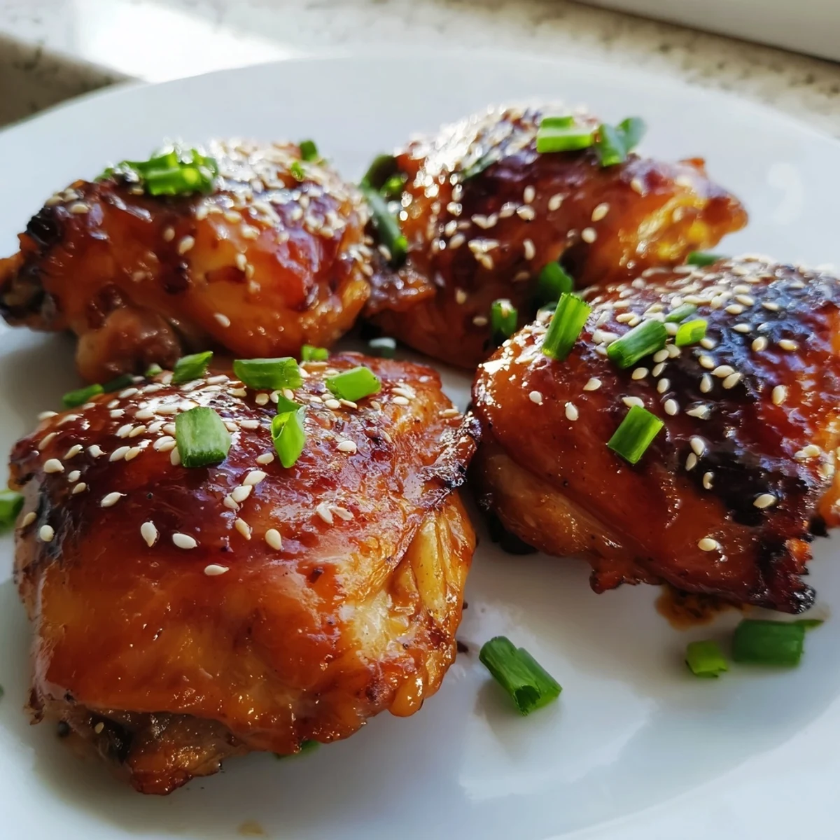 Close-up view of Honey Garlic Glazed Chicken highlighting the crispy skin and glistening garlic honey glaze, with fresh parsley sprigs as a garnish.
