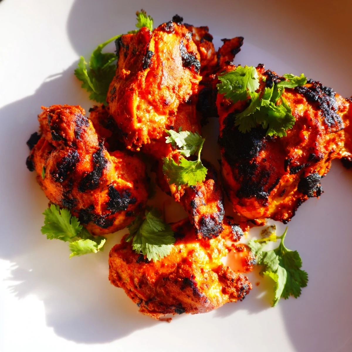 Golden roasted Indian Tikka Spiced Chicken thighs, garnished with cilantro and served with lemon wedges.