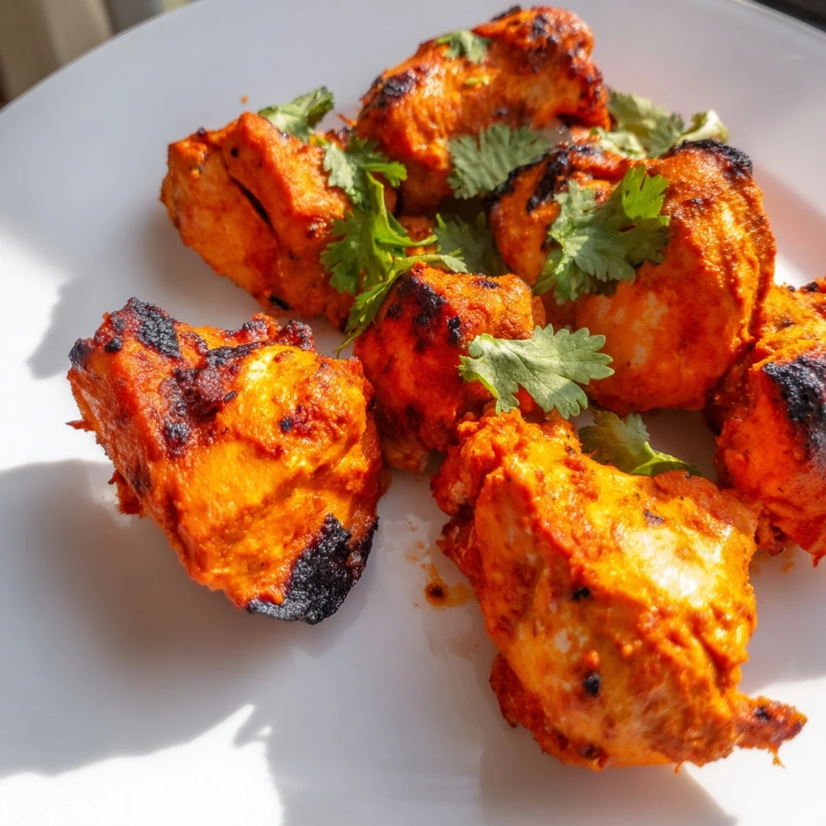 Freshly prepared Indian Tikka Spiced Chicken on a rustic plate, accompanied by naan and sliced red onions.