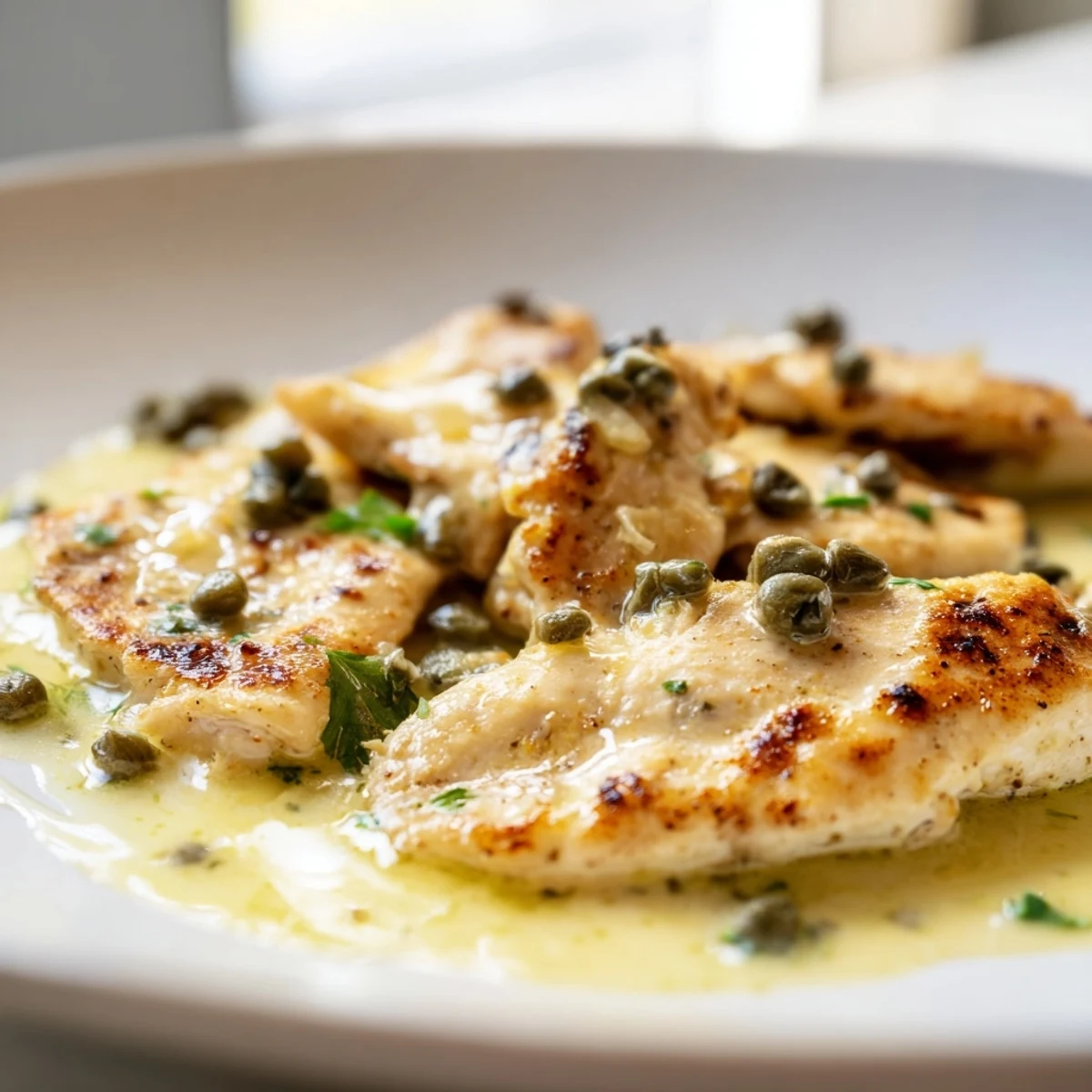 A close-up of Creamy Chicken Piccata garnished with parsley, lemon wedges, and capers on a plate.  