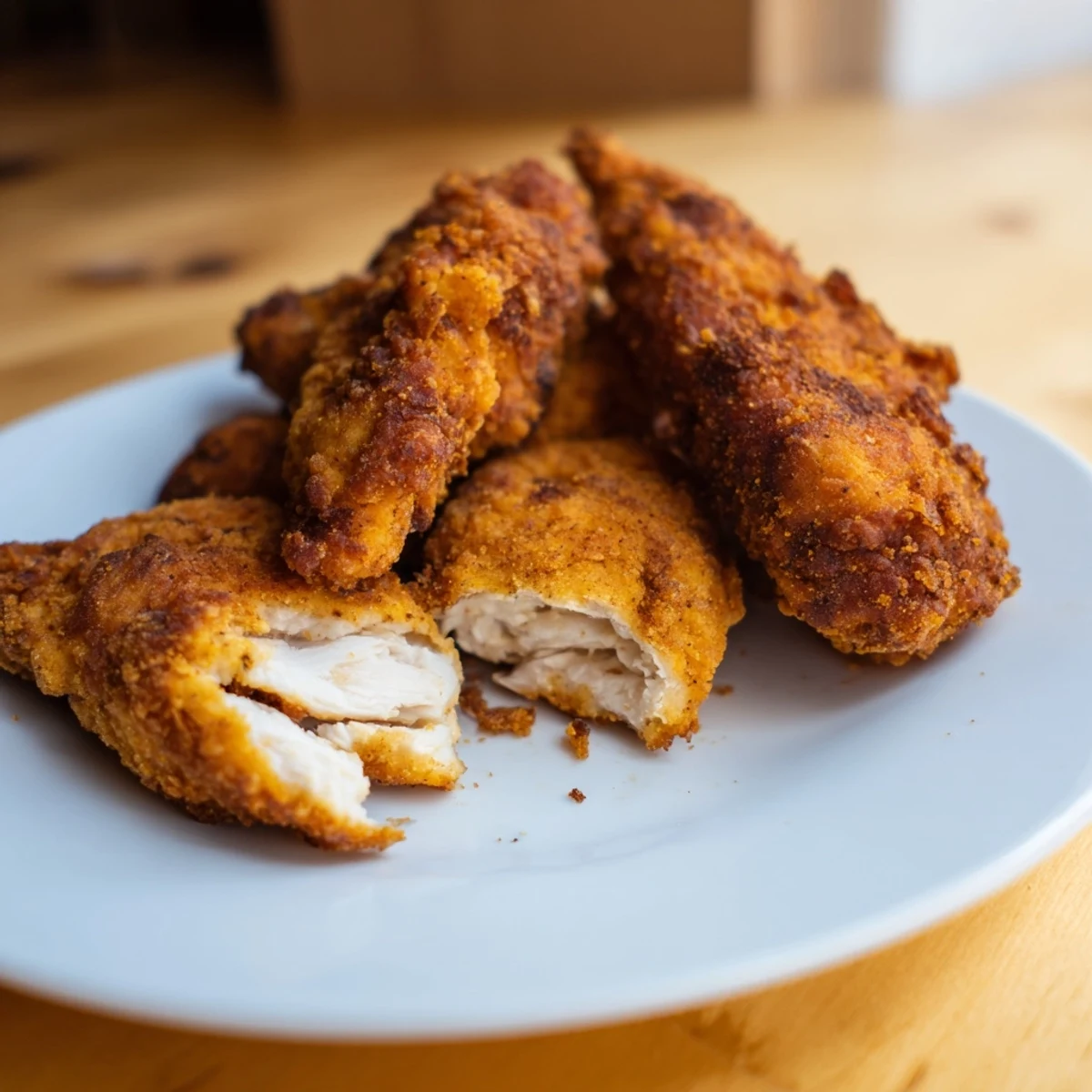 Golden-brown crispy fried chicken tenders, coated in a seasoned flour crust, resting on a plate with a side of creamy honey mustard dip.