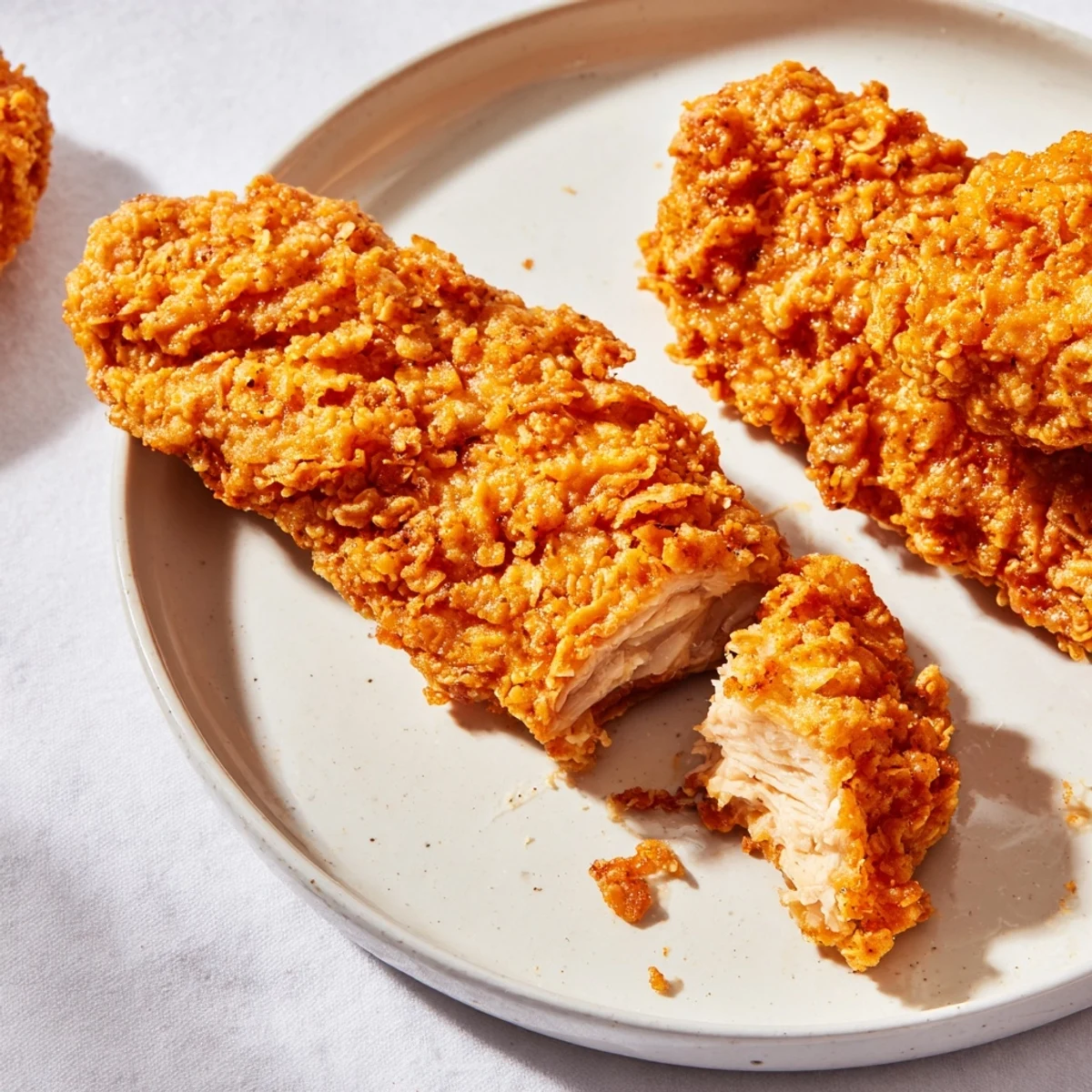 Crispy Fried Chicken Tenders in a golden-brown coating, served hot on a rustic platter with ranch dressing for dipping.