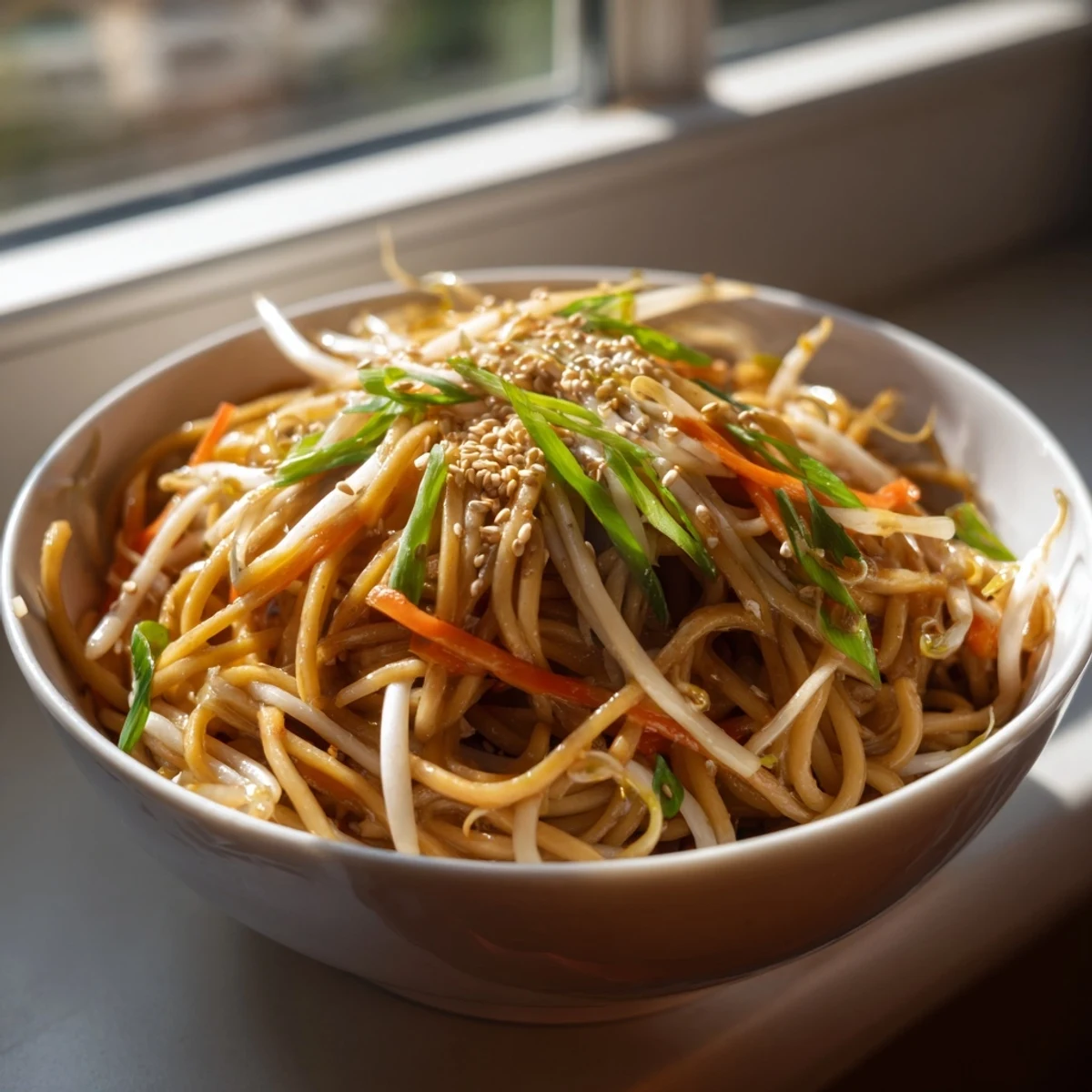Steam rises from glossy Asian Garlic Noodle Bowl, topped with green onions, sesame seeds, and bean sprouts.