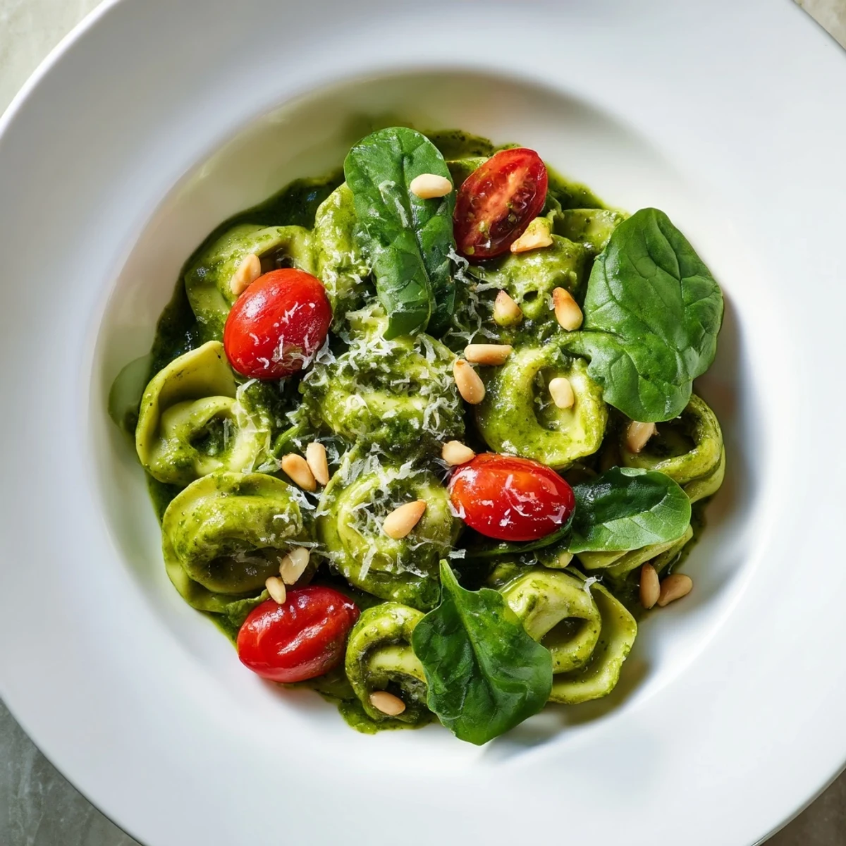 Freshly cooked Pesto Tortellini Salad with halved cherry tomatoes, baby spinach, and toasted pine nuts on a white platter.