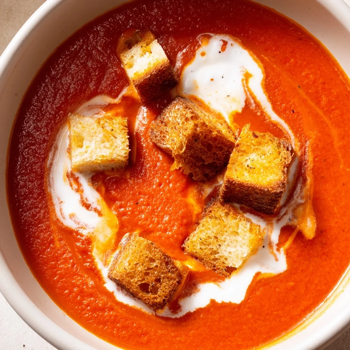 Roasted Tomato Soup with Grilled Cheese Croutons in a rustic bowl, steam rising from the creamy red-orange soup, topped with golden, melty cheese croutons for a cozy meal.