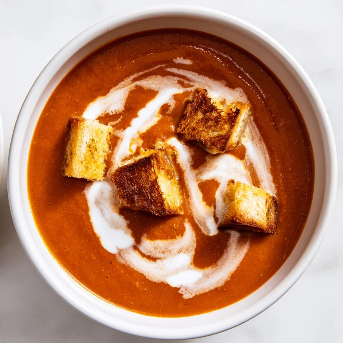 A spoon dips into Roasted Tomato Soup with Grilled Cheese Croutons, revealing the velvety texture and fresh basil garnish, perfect for a comforting family dinner.