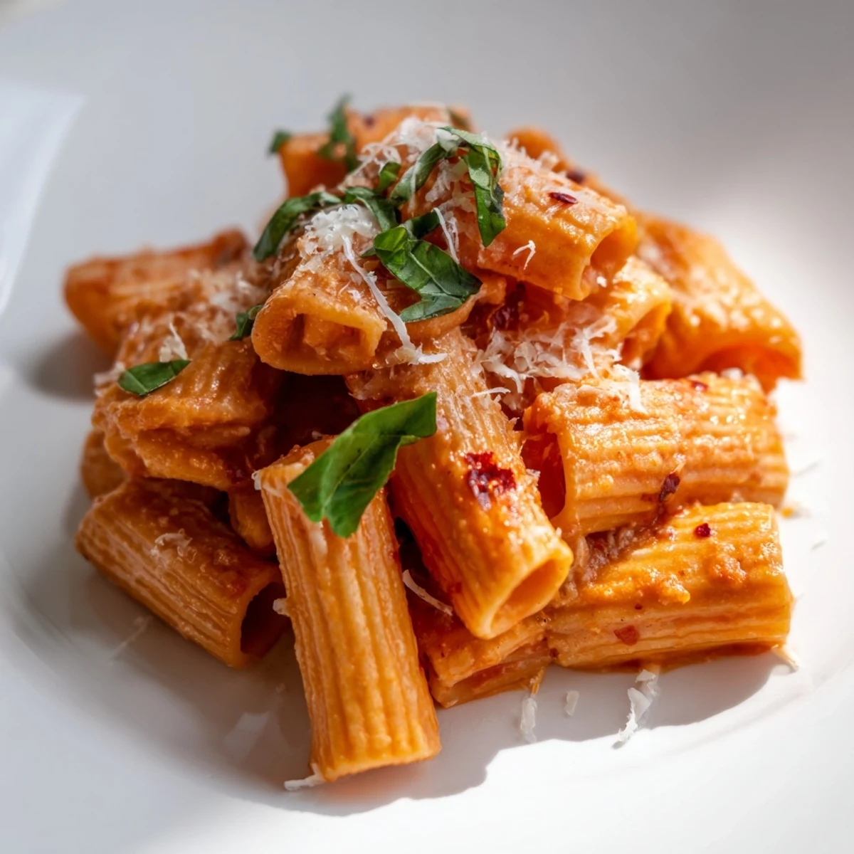 Creamy spicy rigatoni pasta with a rich tomato sauce, fresh basil, and extra Parmesan garnish.