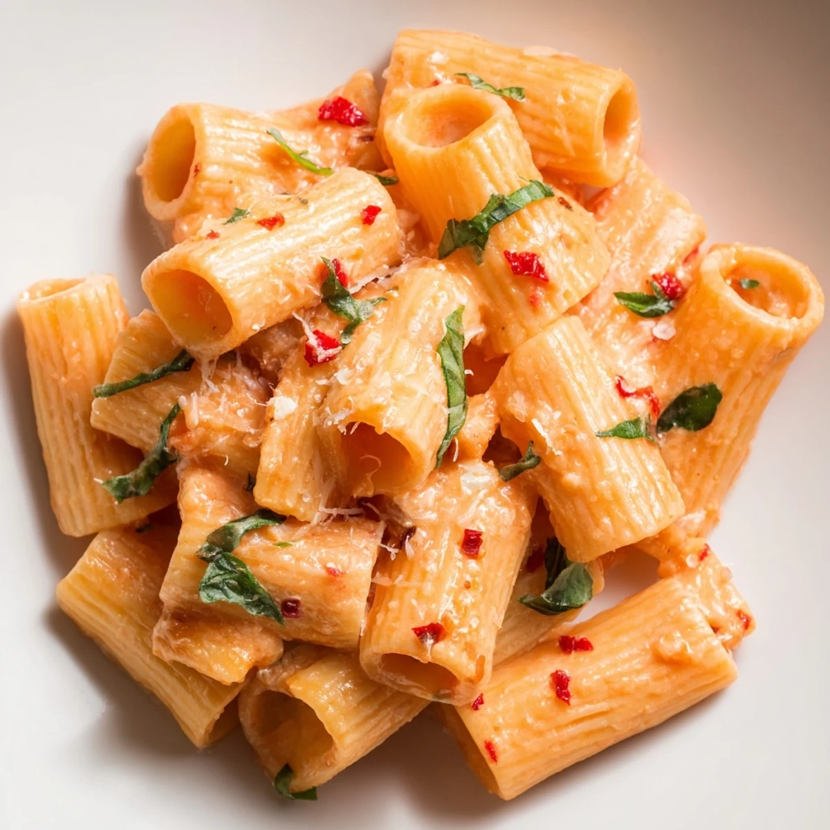 Golden rigatoni pasta tossed in a creamy spicy tomato sauce, served with a glass of white wine.