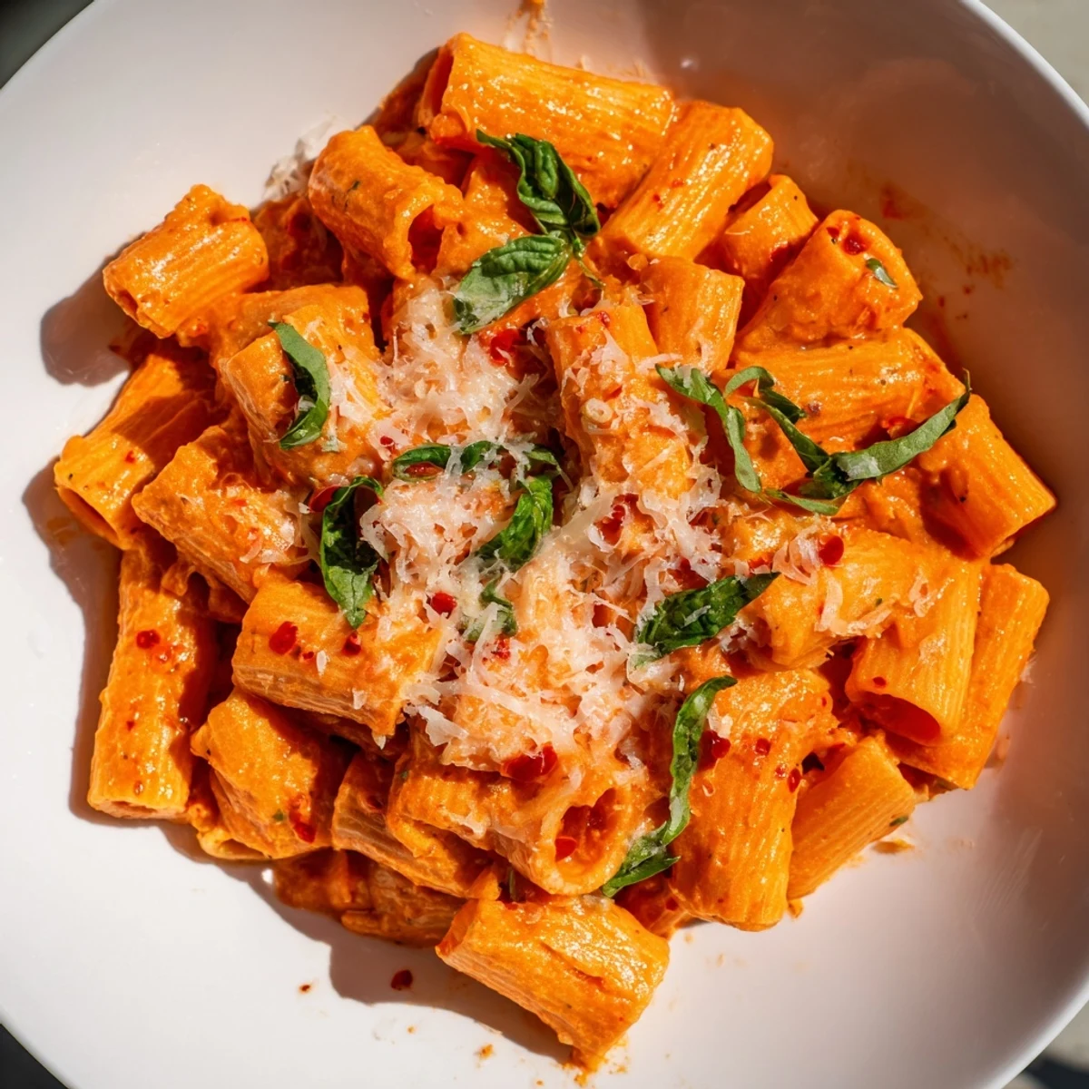 Comforting spicy rigatoni pasta with velvety sauce, grated Parmesan, and fresh basil on a rustic plate.