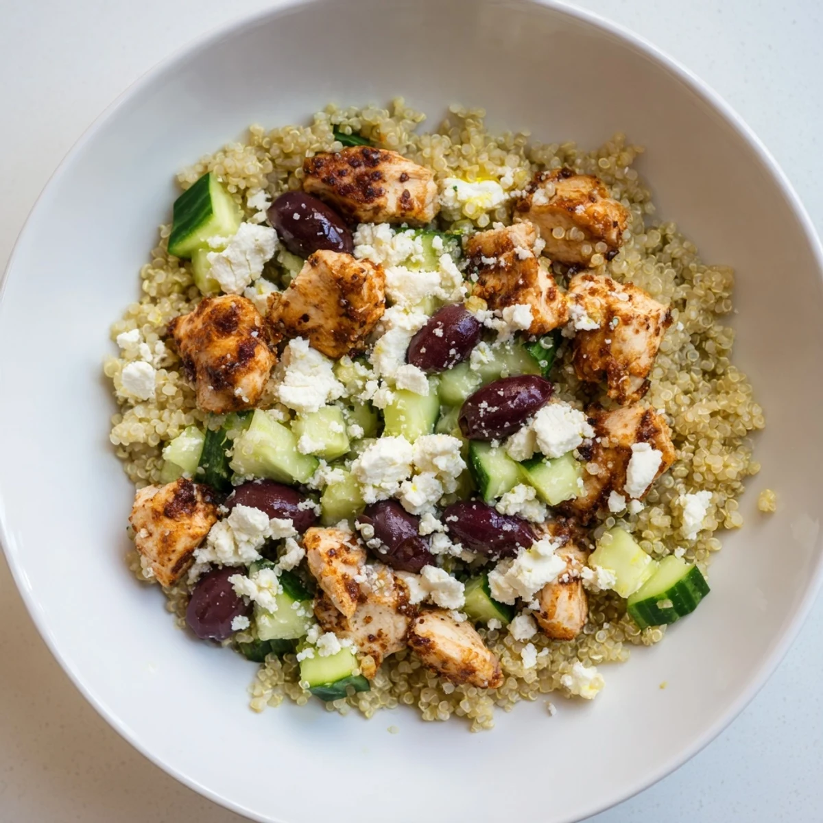 In this Mediterranean Chicken Bowl, tender grilled chicken rests on a bed of fluffy quinoa, surrounded by chickpeas, cucumber, cherry tomatoes, Kalamata olives, and crumbled feta cheese.