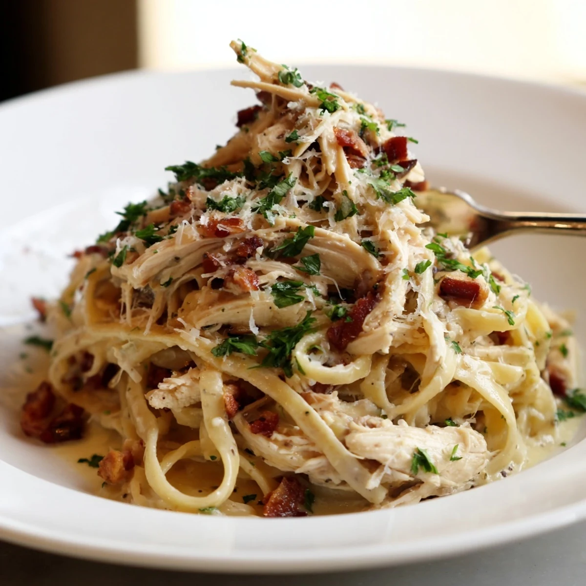 Creamy Chicken Carbonara pasta with shredded chicken, crispy bacon, and glossy Parmesan sauce, twirled on a fork.