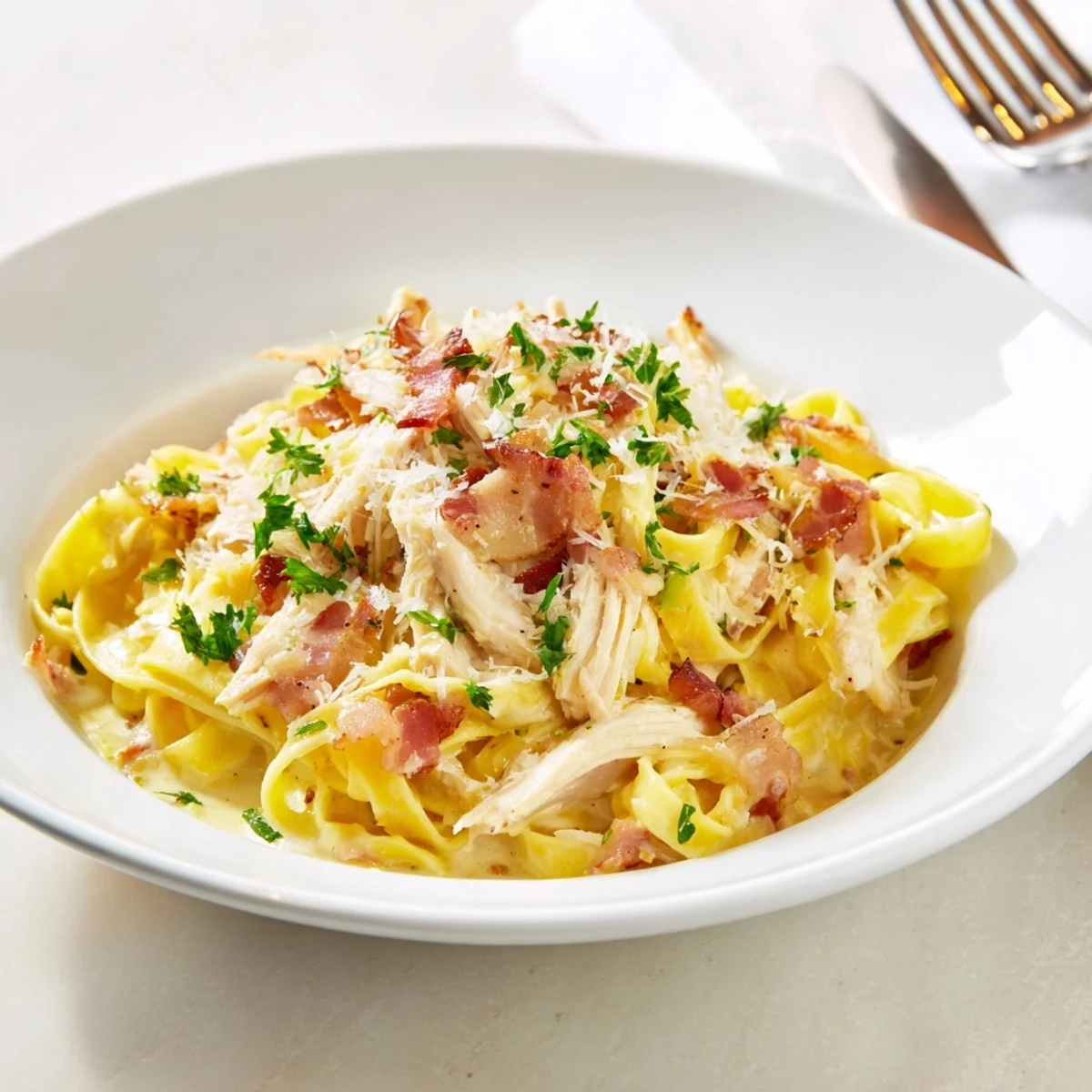 Golden Chicken Carbonara tossed with al dente spaghetti, flecked with crispy bacon and a light dusting of Parmesan.