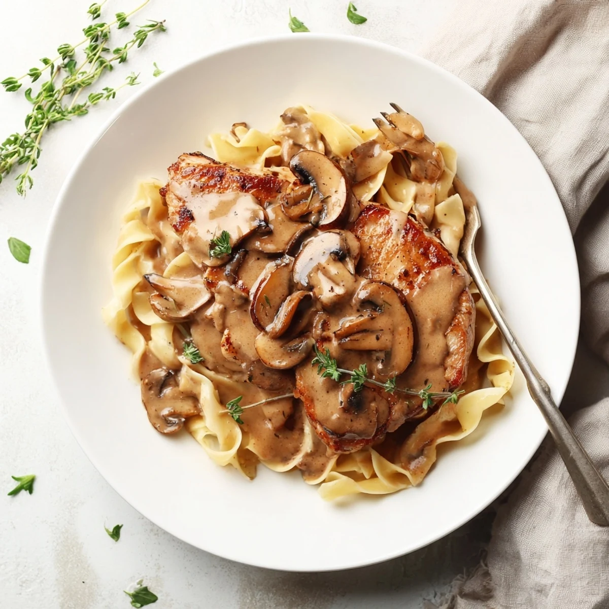 Golden, pan-seared chicken breasts nestled in a creamy Marsala mushroom sauce over fettuccine.  