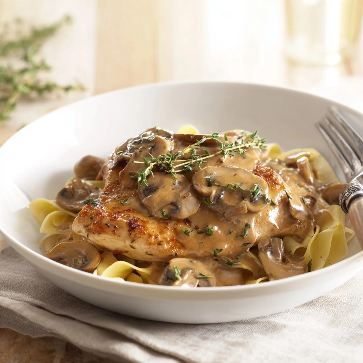 A close-up of tender Creamy Chicken Marsala, garnished with fresh parsley and grated Parmesan.  