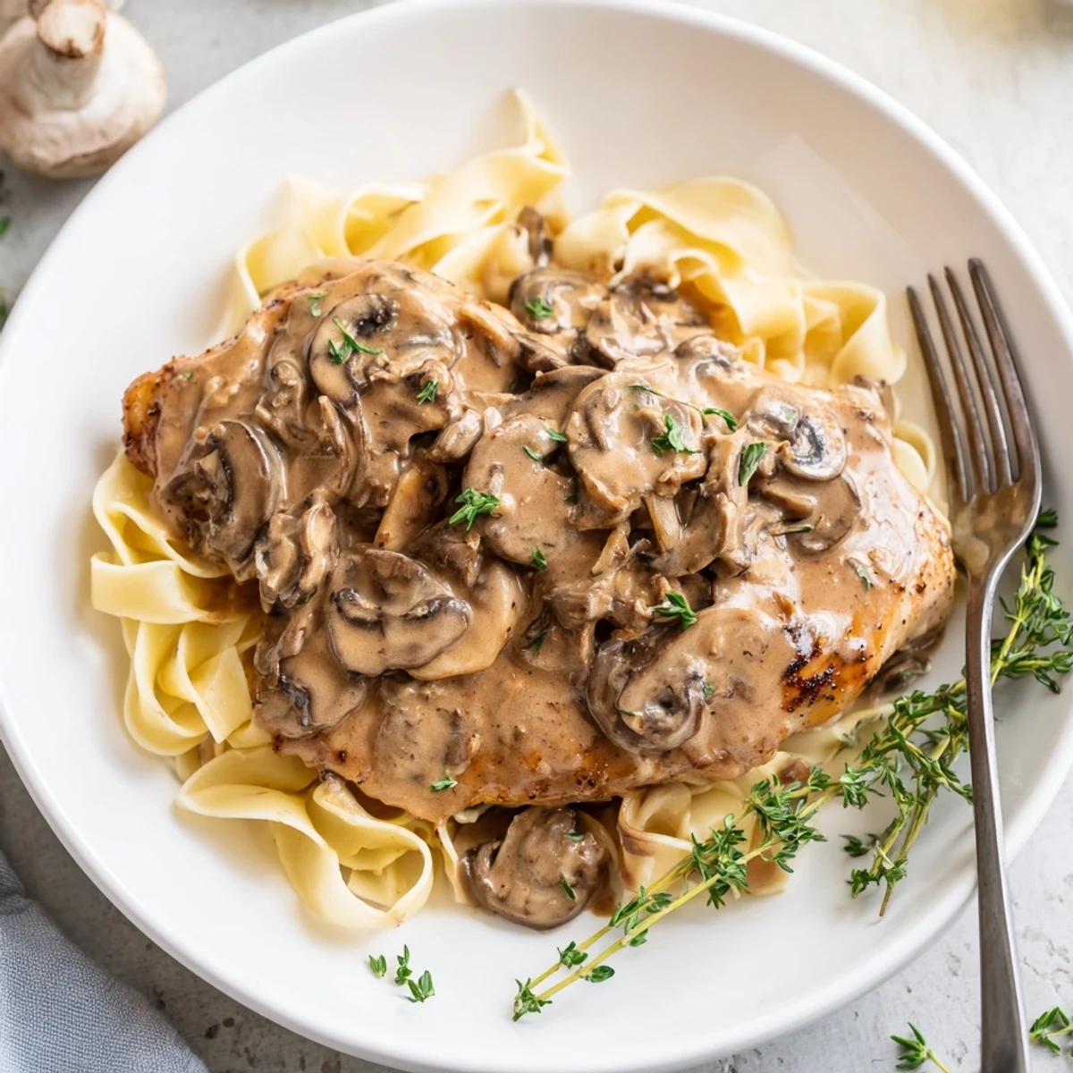 Comforting Italian-American Creamy Chicken Marsala served on pasta, steaming in a rustic skillet.