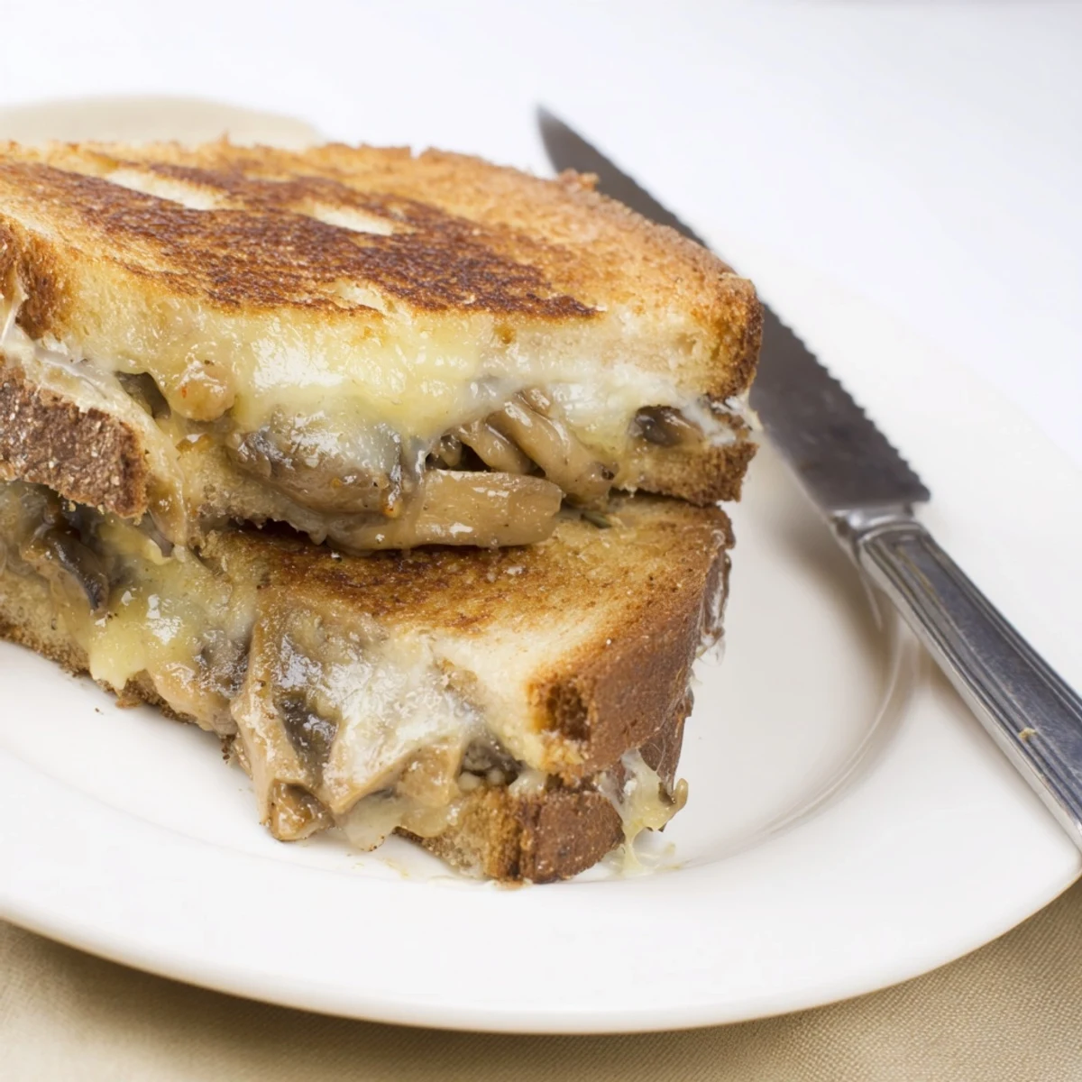 Crispy rye bread encases creamy Swiss cheese and earthy mushrooms in a hot Mushroom Swiss Grilled Cheese beside a bowl of tomato soup.