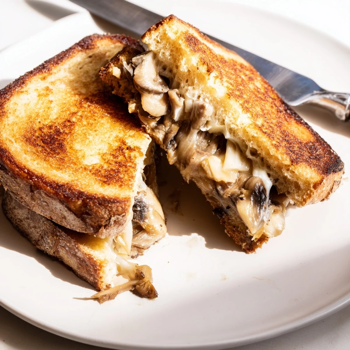 Steam rises from the melted Mushroom Swiss Grilled Cheese, where golden rye bread meets sautéed mushrooms and Swiss cheese on a rustic cutting board.