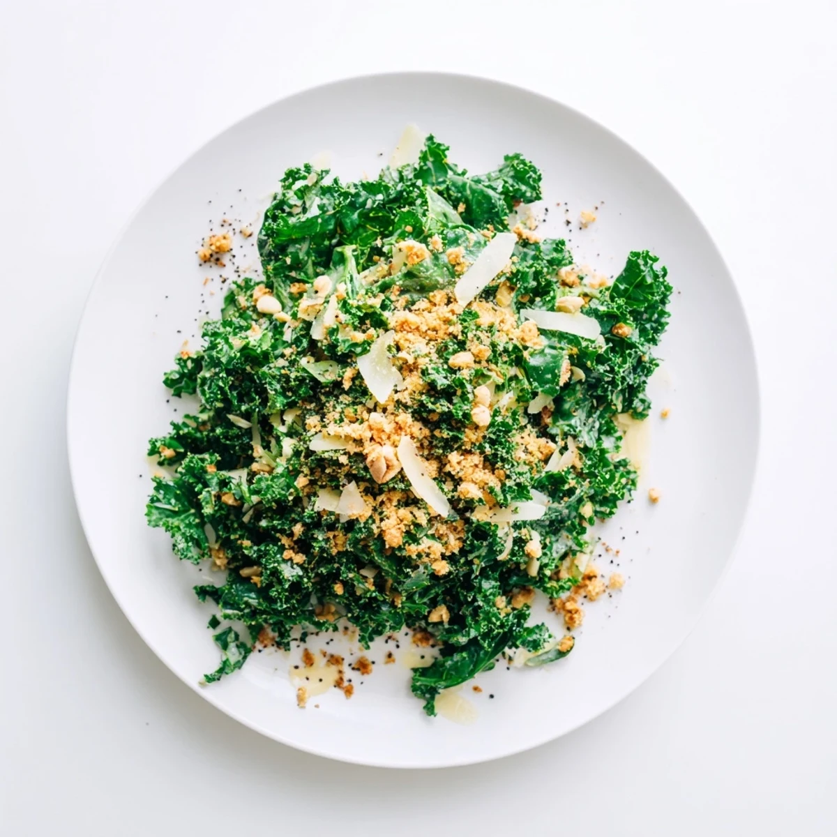Creamy garlic Parmesan kale salad with massaged greens, crunchy toasted breadcrumbs, and shaved Parmesan garnish.  