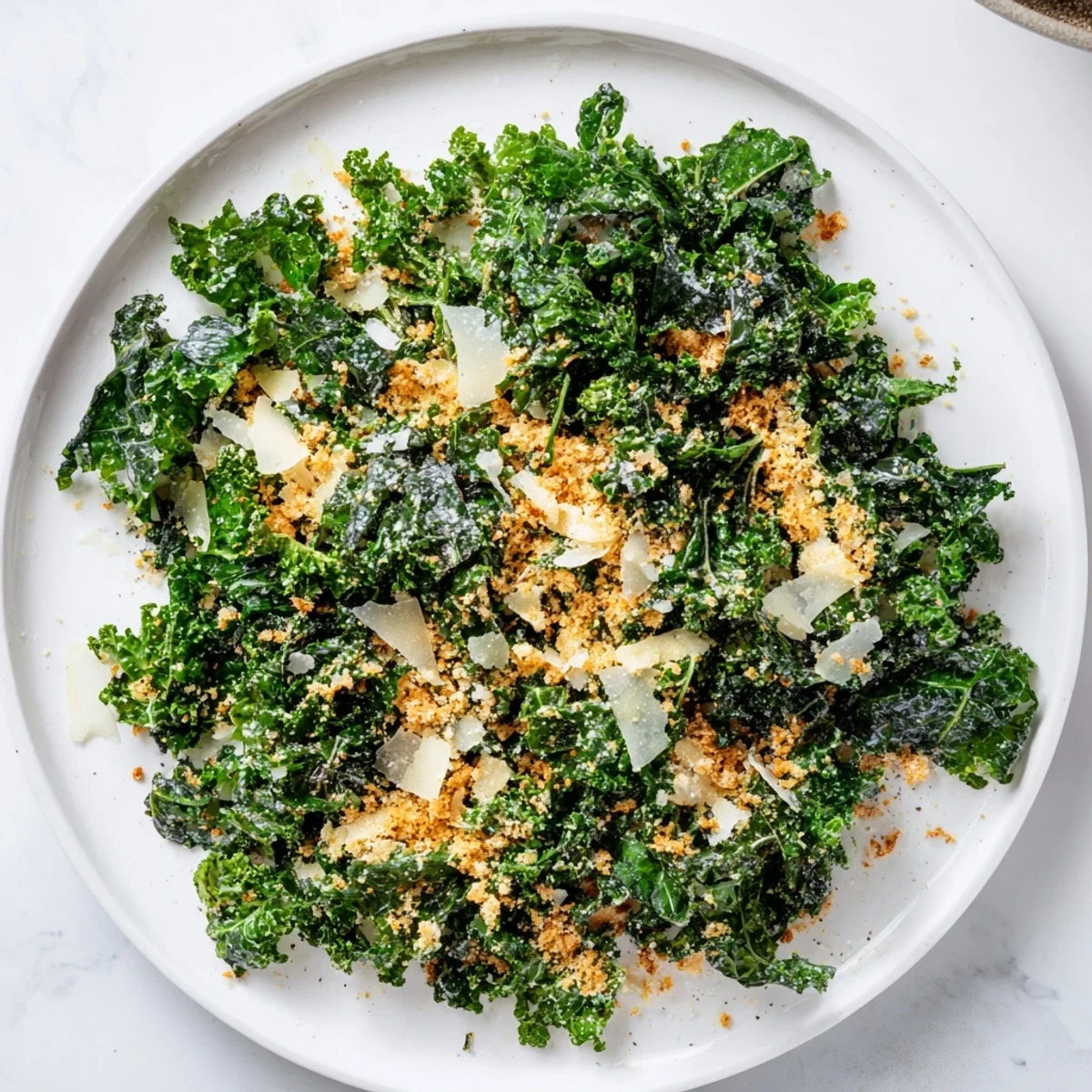 A vibrant garlic Parmesan kale salad served as a light lunch or side dish with extra black pepper.