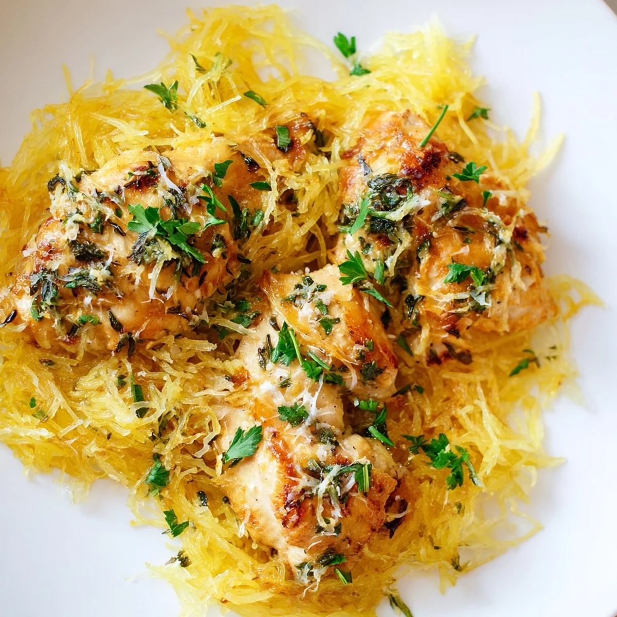 Forked spaghetti squash strands topped with tender lemon garlic chicken, fresh parsley, and a bright, citrusy sauce for a light yet satisfying meal.