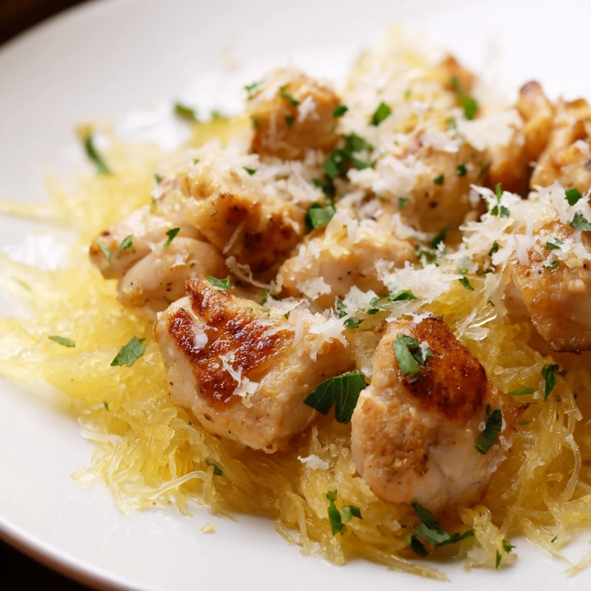A close-up of juicy, pan-seared lemon garlic chicken nestled on roasted spaghetti squash, finished with a golden sprinkle of Parmesan and lemon wedges.