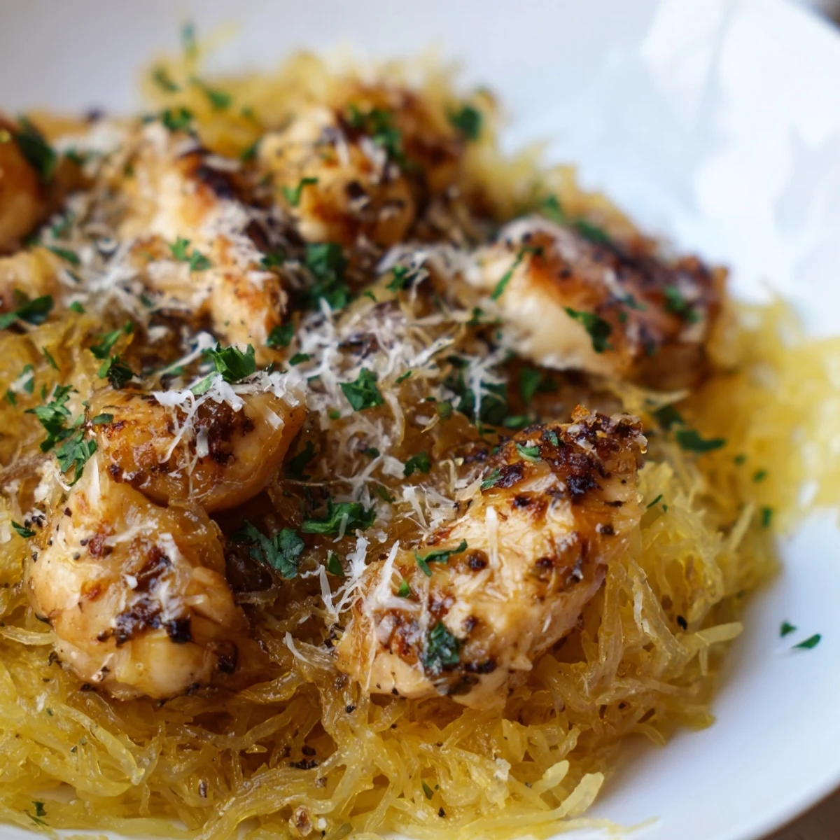 Savory lemon garlic chicken on fluffy spaghetti squash strands, garnished with fresh parsley and extra lemon for a vibrant gluten-free dinner.