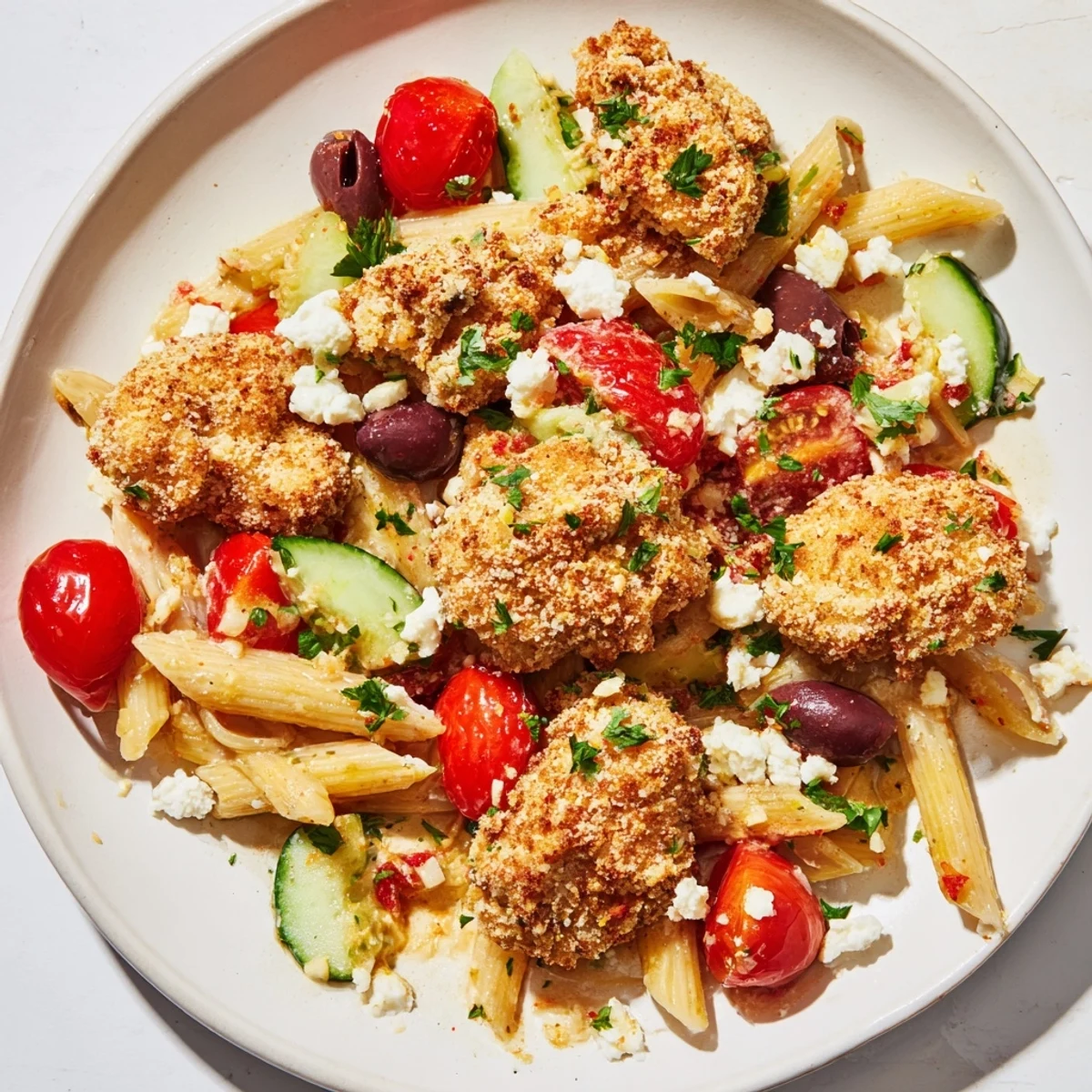Platter of Crispy Chicken Greek Pasta with juicy chicken, al dente fusilli, and a zesty red wine vinaigrette dressing.