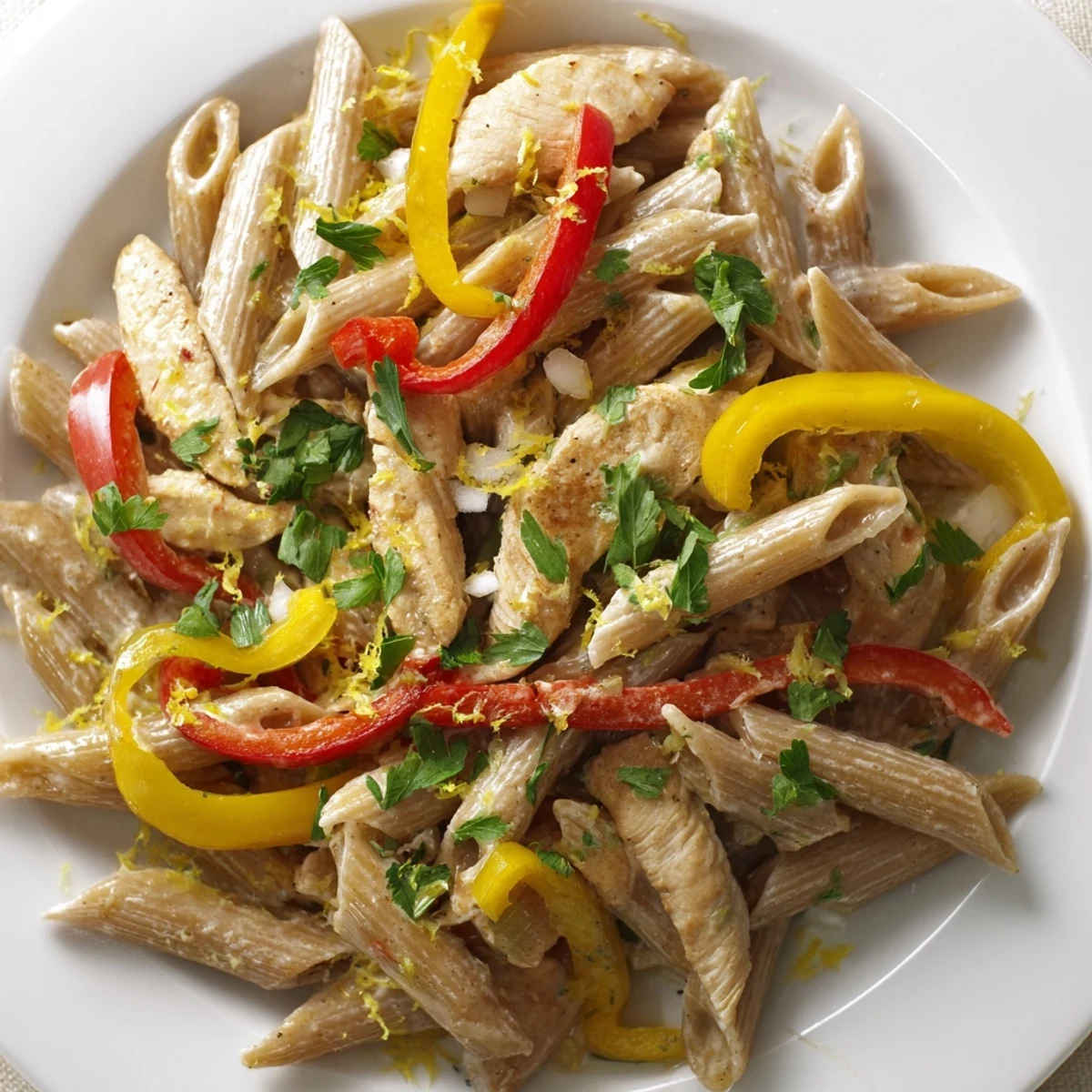 Creamy Cajun Chicken Pasta Lite with penne, juicy chicken strips, and colorful bell peppers in a light, spicy sauce.