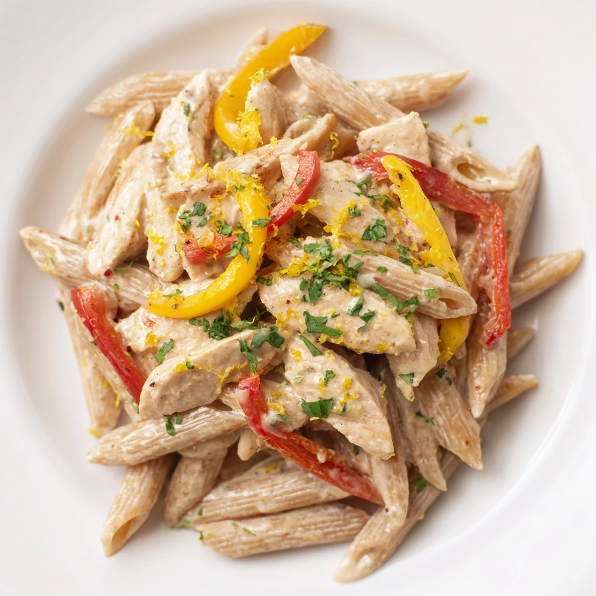 Savory Creamy Cajun Chicken Pasta Lite served warm, featuring a light, spicy sauce and bright lemon zest for balance.