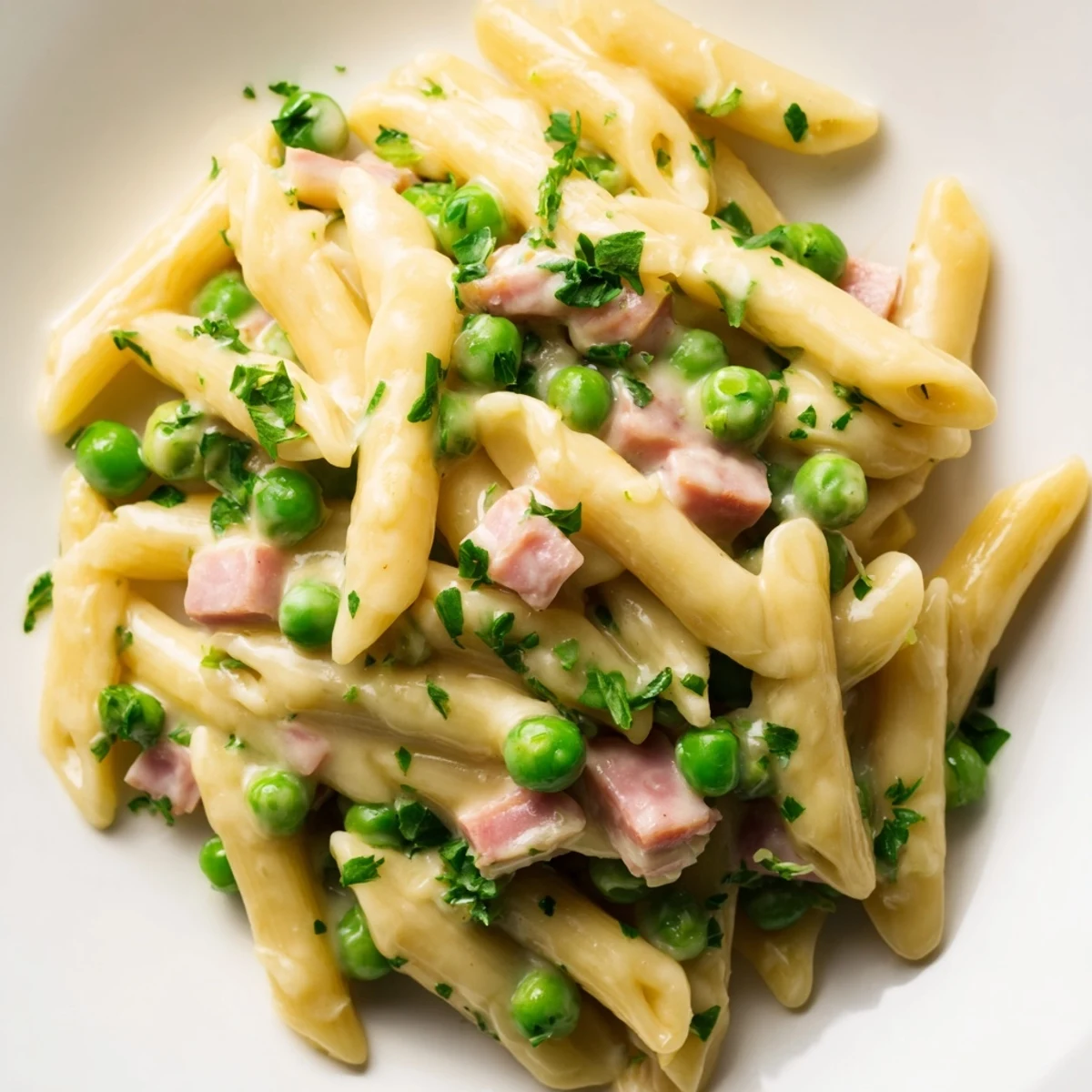 Bright green spring peas and diced ham mingle in a creamy sauce tossed with tender penne pasta, ready to serve warm.