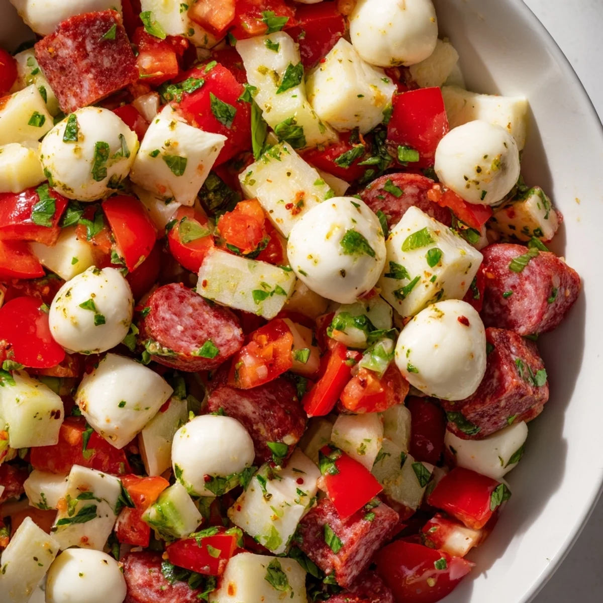 Close-up view of Crunchy Antipasto Chopped Salad showcasing crisp vegetables, savory salami cubes, creamy mozzarella pearls, and fresh herbs tossed in vinaigrette.
