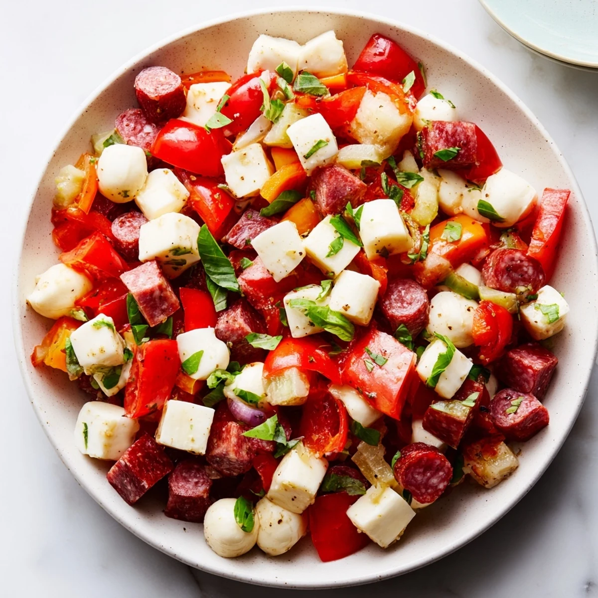 A vibrant bowl of Crunchy Antipasto Chopped Salad featuring chickpeas, olives, and pepperoncini, ready to serve as a light Italian-American appetizer.