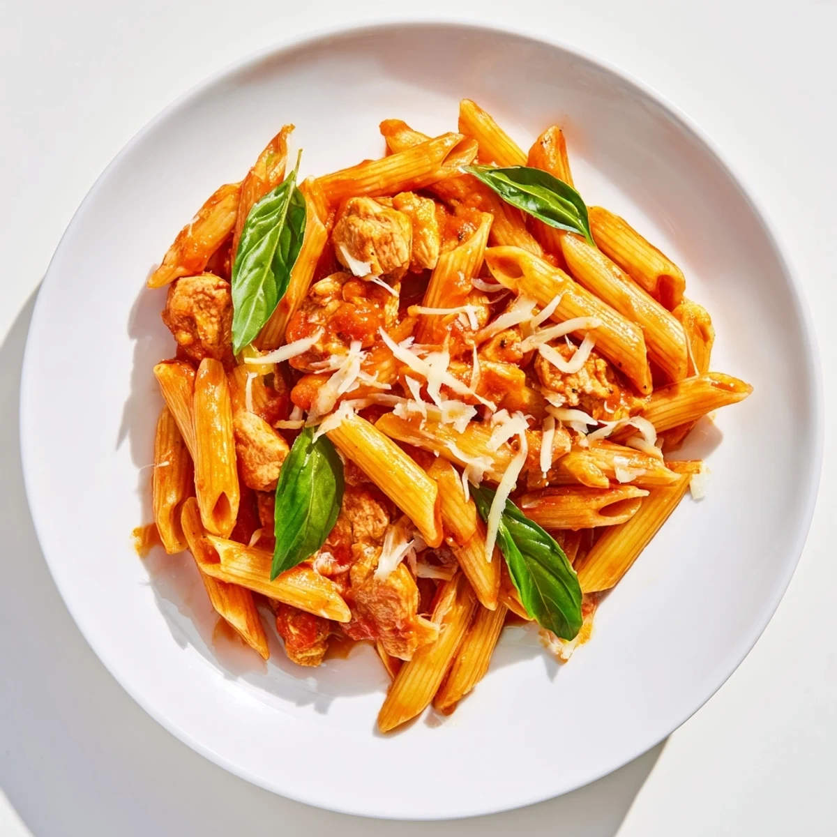 Al dente penne pasta and tender chicken pieces glistening in a vibrant, chunky tomato-basil sauce.  