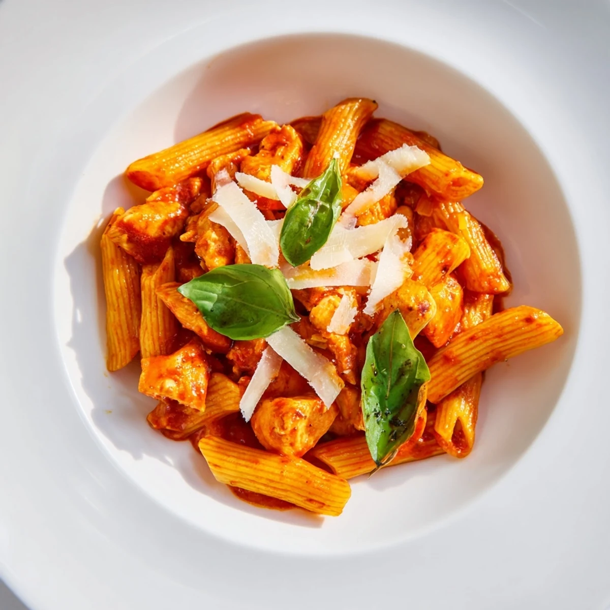 Fresh basil garnish and grated Parmesan cheese top this hearty Tomato Basil Chicken Pasta dish.  