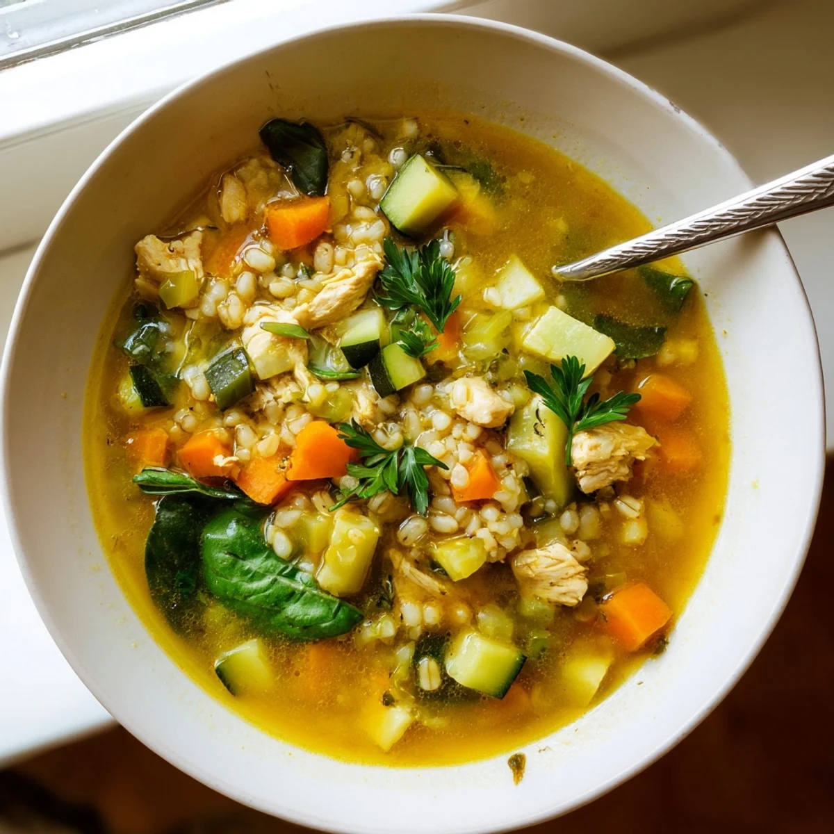 A steaming bowl of Soothing Turmeric Chicken With Pearl Barley, featuring tender chicken pieces, golden broth, and vibrant spinach garnish.  