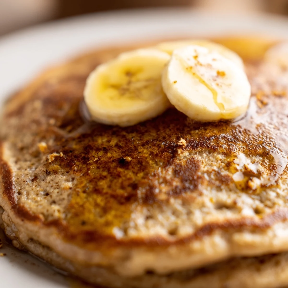 Stack of golden-brown Banana Oat Pancakes topped with sliced bananas, walnuts, and a drizzle of maple syrup on a white plate.