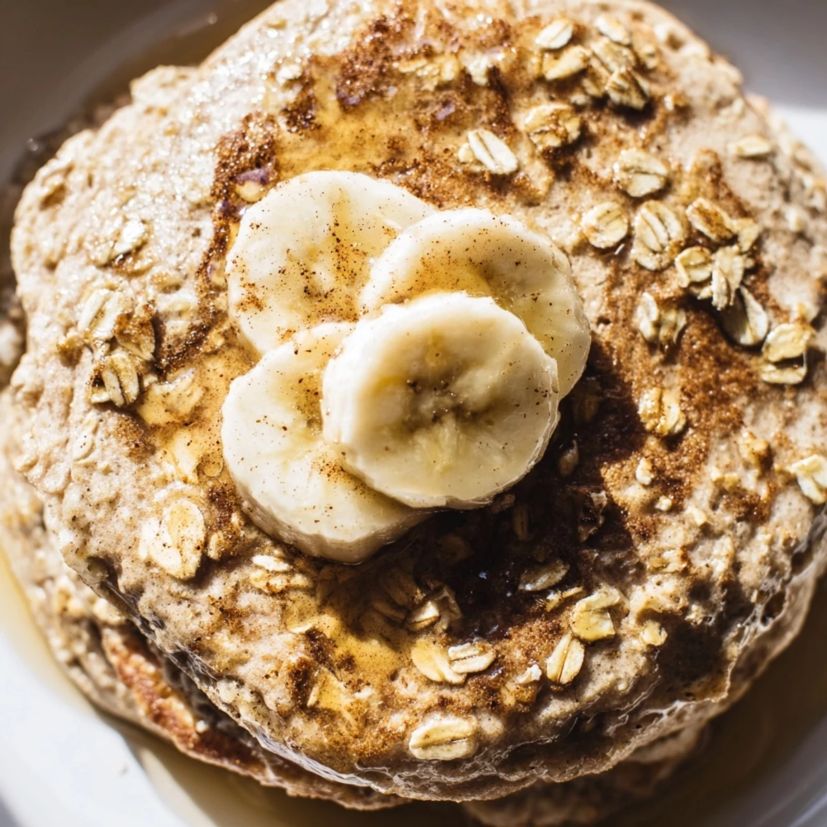 Whole grain Banana Oat Pancakes with a golden edge, garnished with sliced bananas and a pat of butter melting on top.