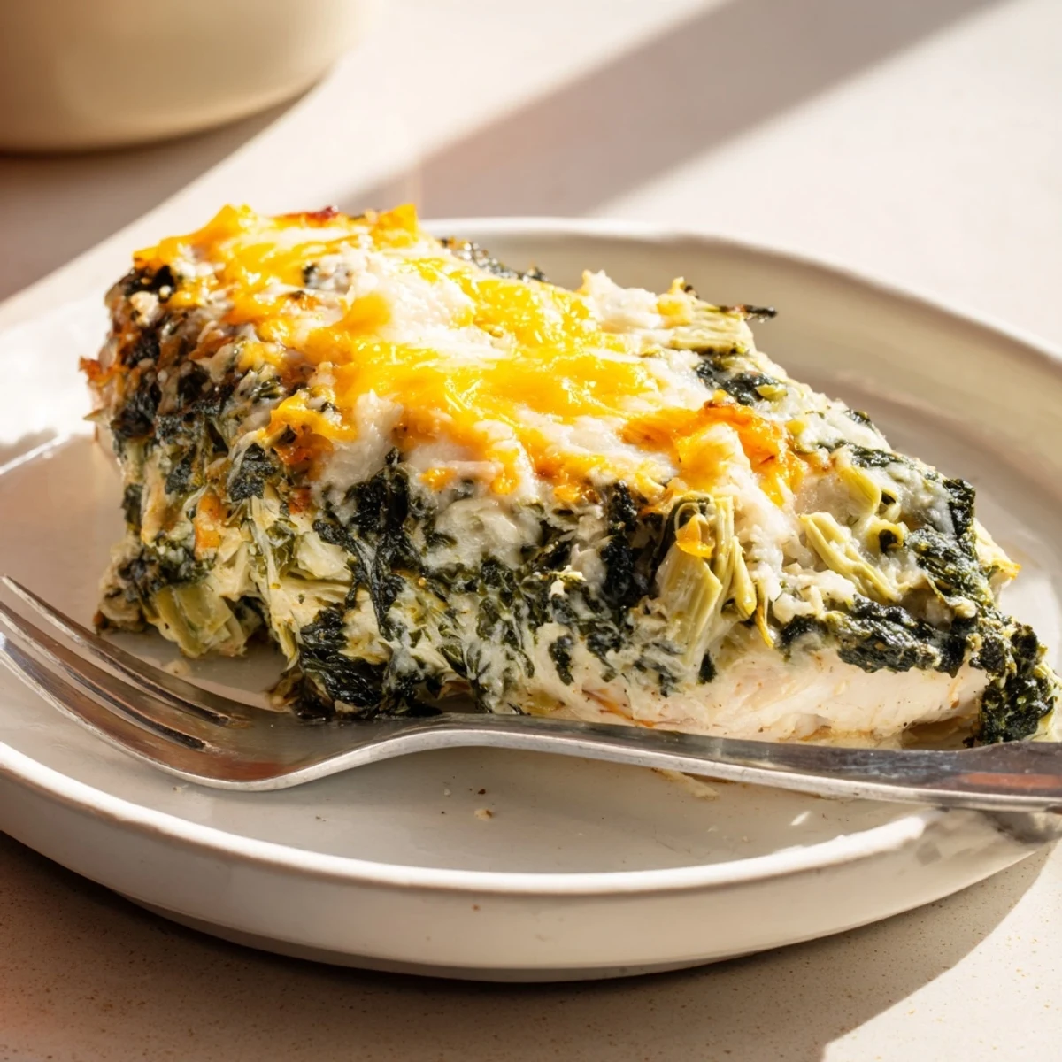 Sizzling hot from the oven, this gluten-free Spinach & Artichoke Chicken Bake features golden cheese and vibrant green spinach.