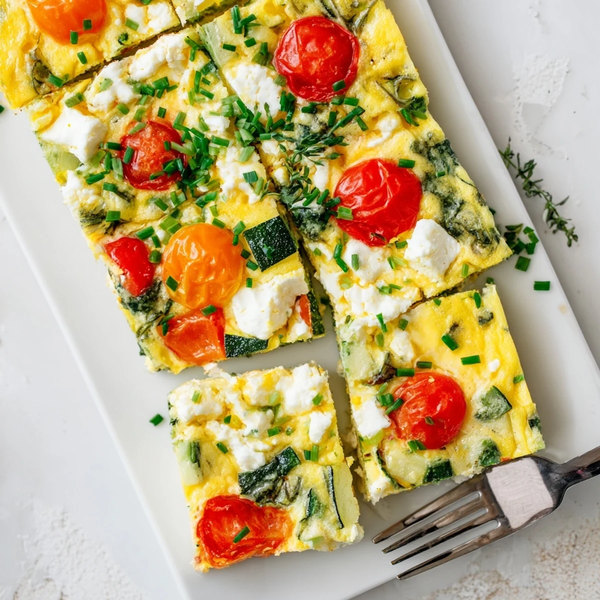 Golden-brown High-Protein Sheet Pan Eggs With Cottage Cheese and Veggies sliced into squares, loaded with spinach, tomatoes, and red peppers, ready for a healthy meal prep breakfast.