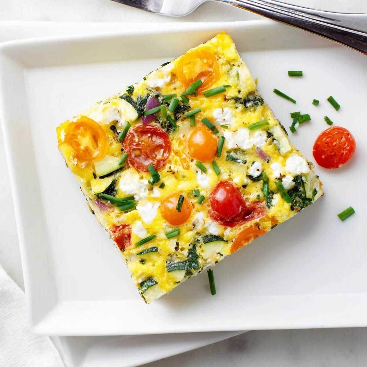 Served warm on a white plate, the High-Protein Sheet Pan Eggs With Cottage Cheese and Veggies show a golden edge and moist interior, perfect with a side of avocado for a quick breakfast.