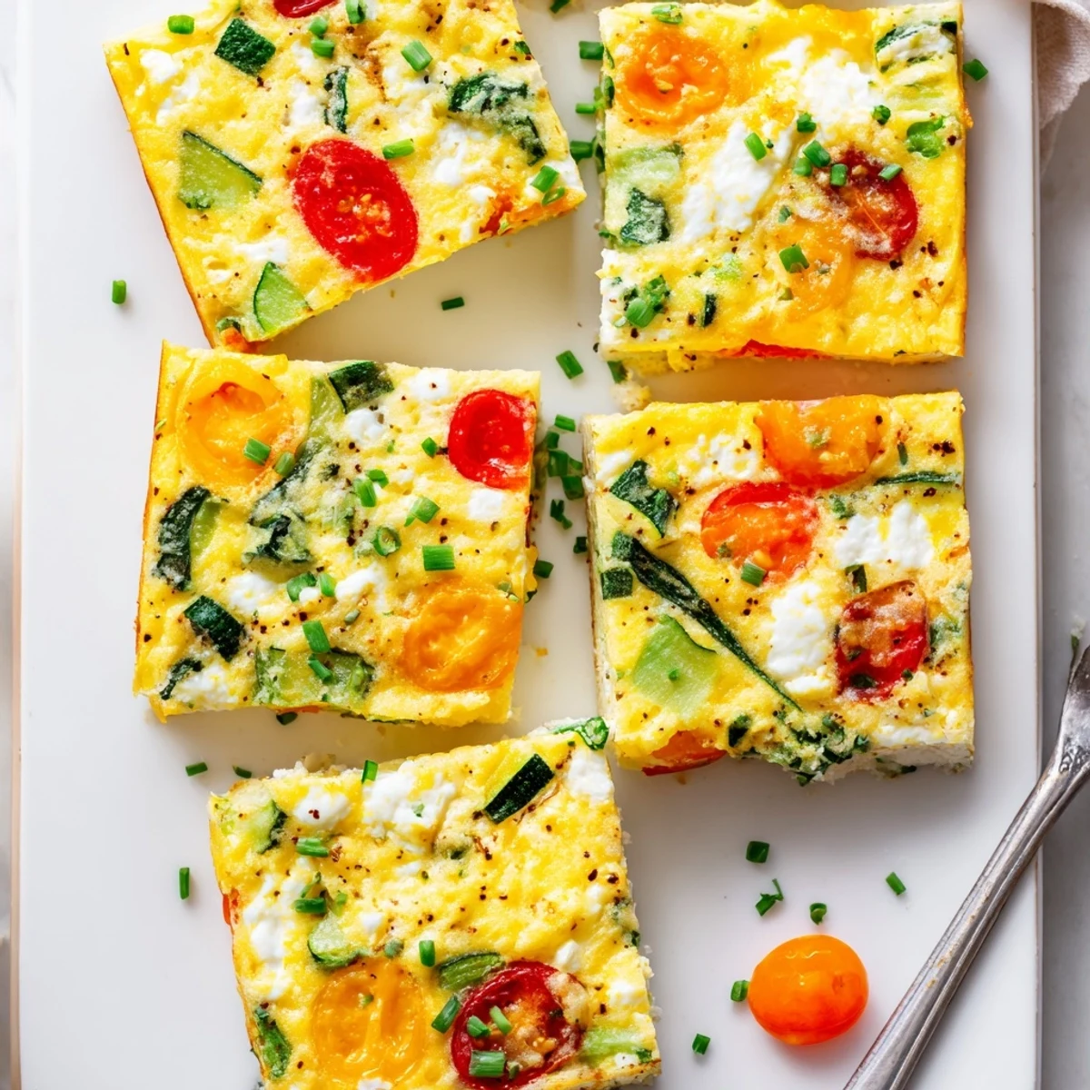Fluffy High-Protein Sheet Pan Eggs With Cottage Cheese and Veggies fresh from the oven, baked in one pan with colorful diced zucchini and red onion for an easy, protein-packed morning meal.