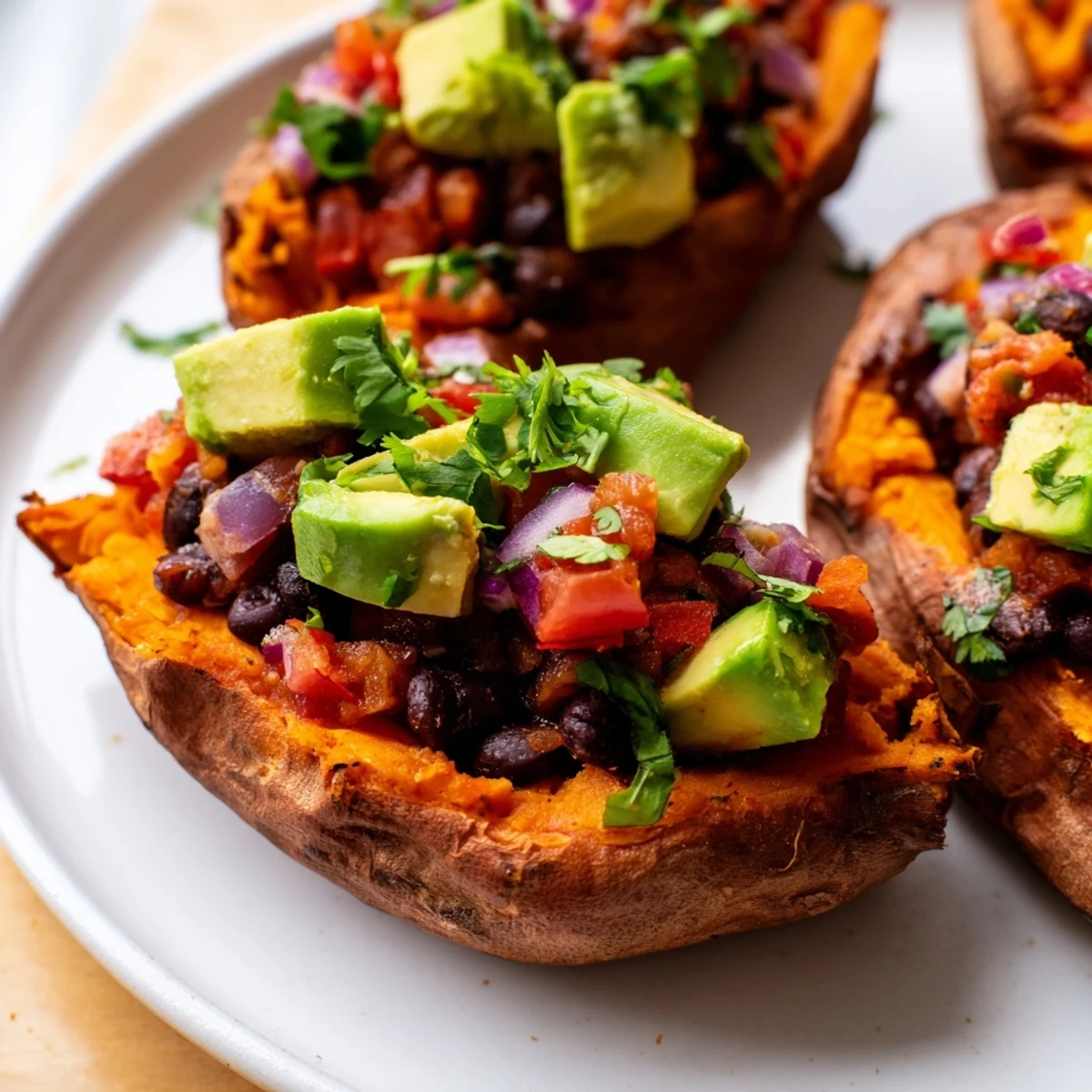 Roasted sweet potatoes with chipotle black beans and zesty tomato salsa, topped with fresh cilantro and avocado slices.