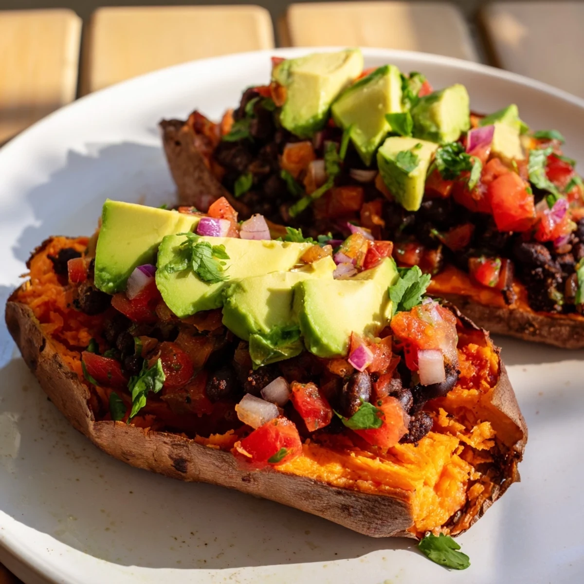 Golden roasted sweet potatoes loaded with chipotle black beans, fresh tomato salsa, and lime wedges on the side.