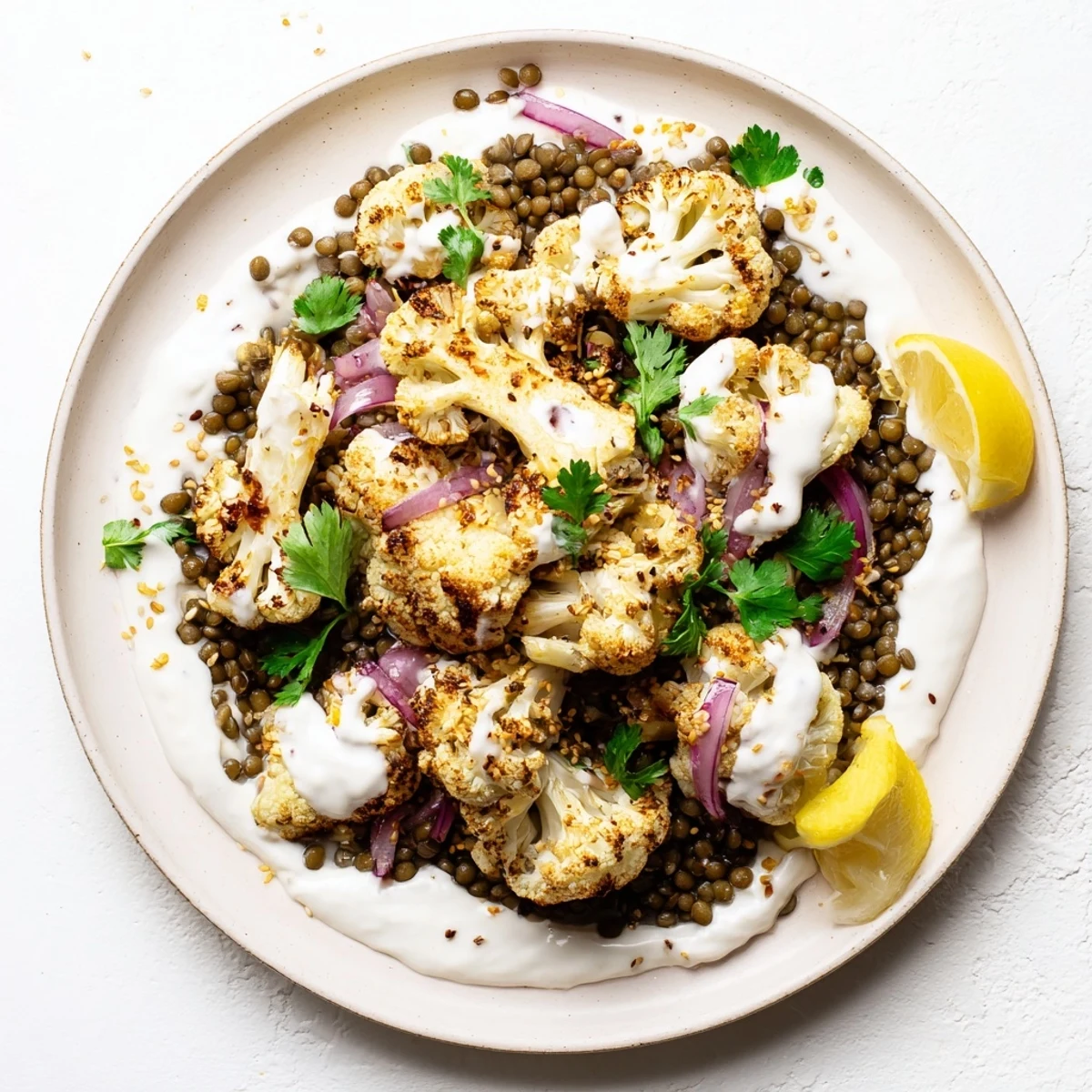 Golden roasted cauliflower florets glistening with olive oil and spices are centered on a platter over lemon lentil salad with a swirl of creamy cumin-tahini yogurt.