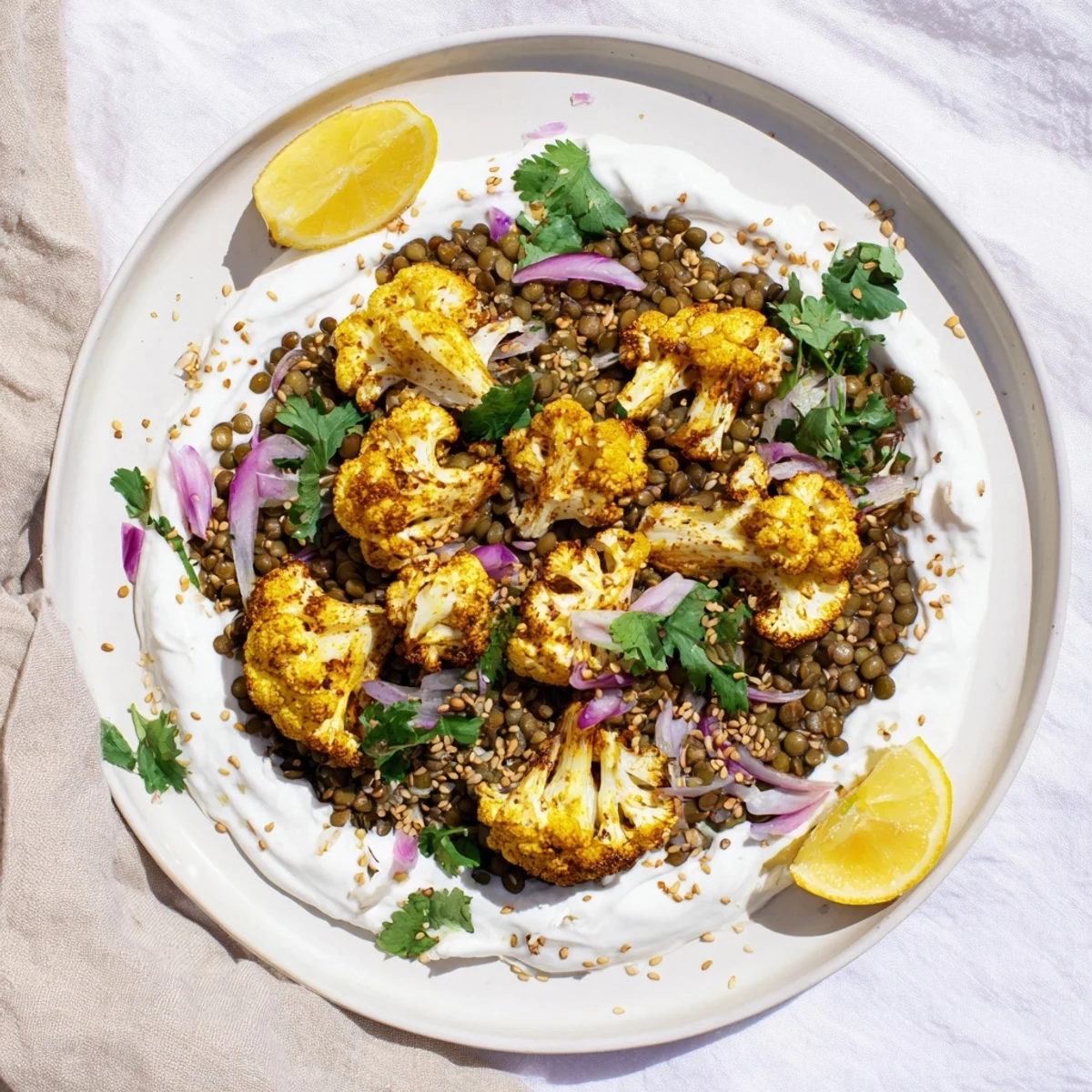 A close-up view of the roasted cauliflower and lemon lentil salad drizzled with cumin-tahini yogurt.