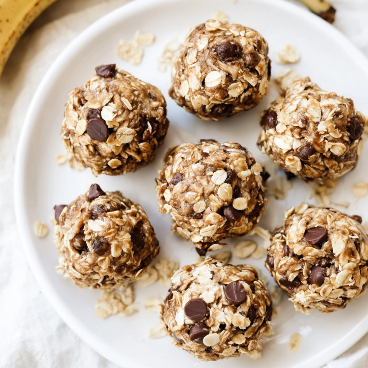 Homemade Banana Chocolate Chip Energy Balls on a platter, showcasing soft, bite-sized snacks packed with oats and chocolate chips for an easy on-the-go treat.
