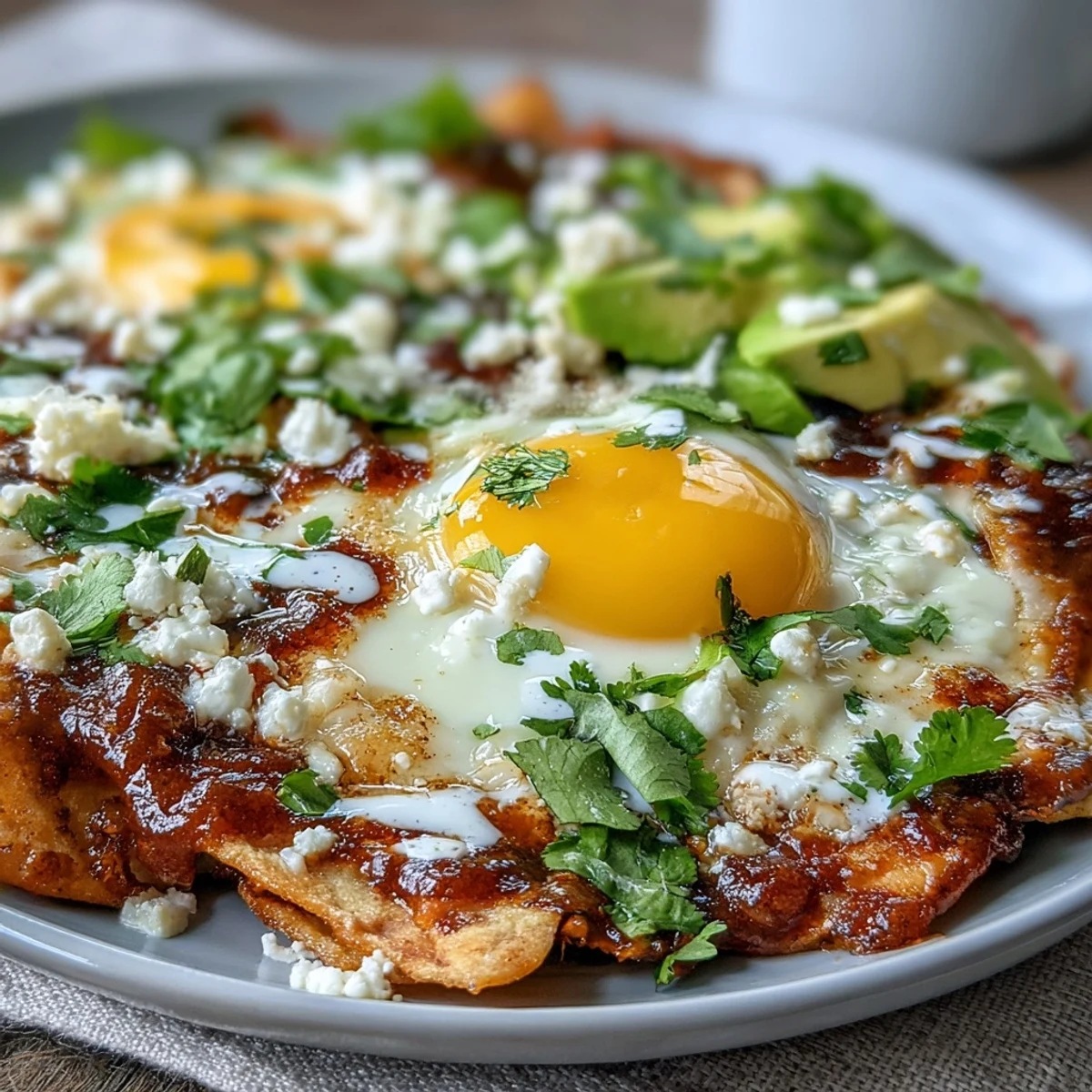 Freshly prepared chilaquiles with golden fried tortillas, avocado, red onion, cilantro, and a dollop of sour cream.