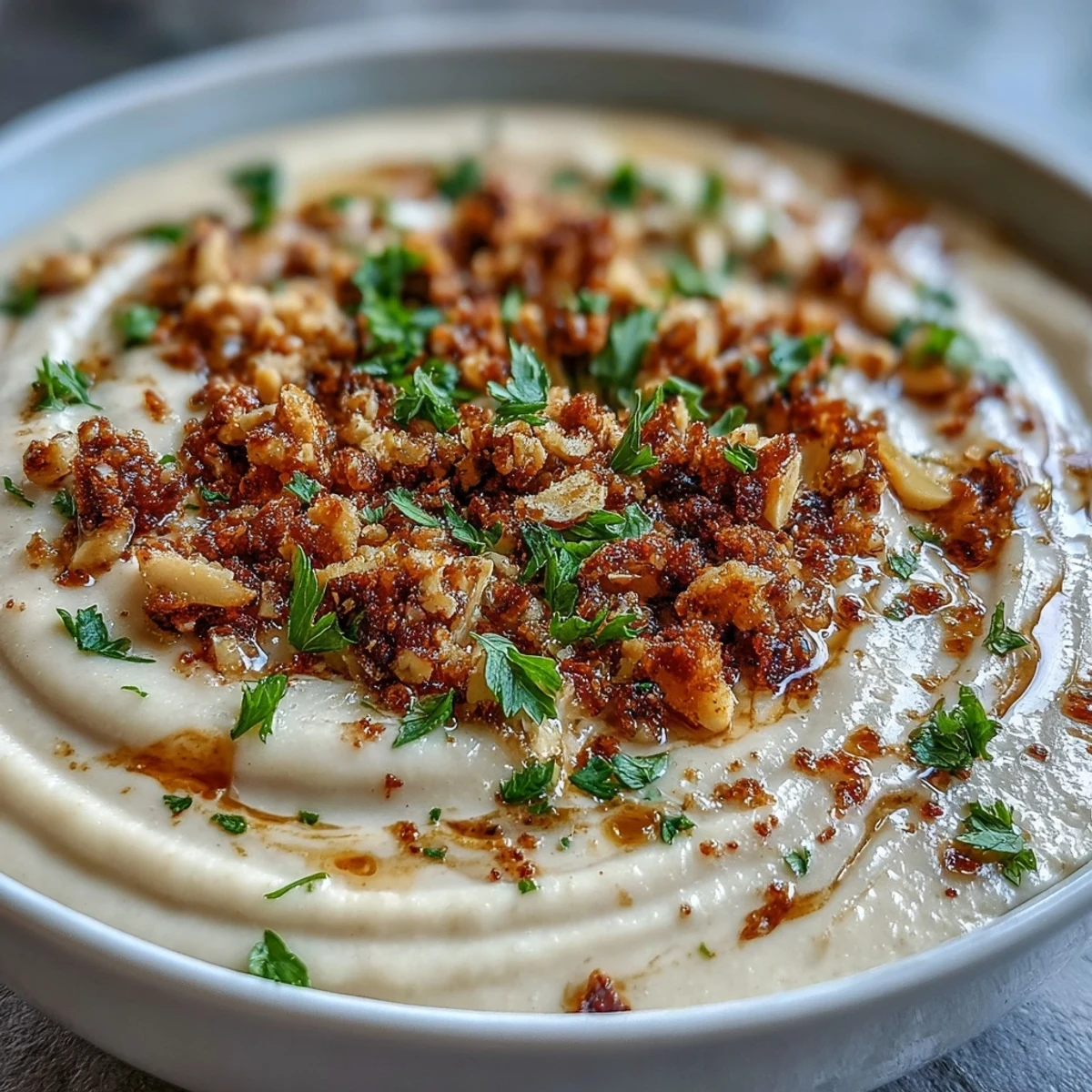 Velvety Celeriac Soup With Hazelnut Crumble served warm in a rustic bowl with a spoon.